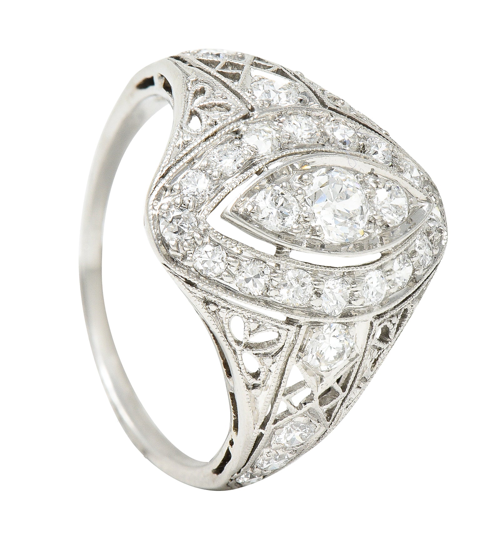 Art Deco 0.72 CTW Old European Cut Diamond Platinum Foliate Filigree Navette Dinner Ring Wilson's Estate Jewelry
