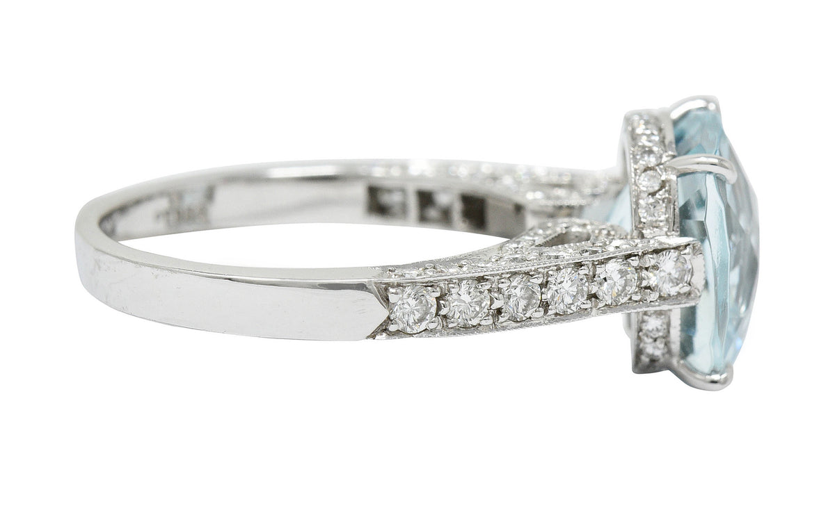 Checkerboard Cushion Cut 5.95 CTW Aquamarine Diamond Platinum Cocktail RingRing - Wilson's Estate Jewelry
