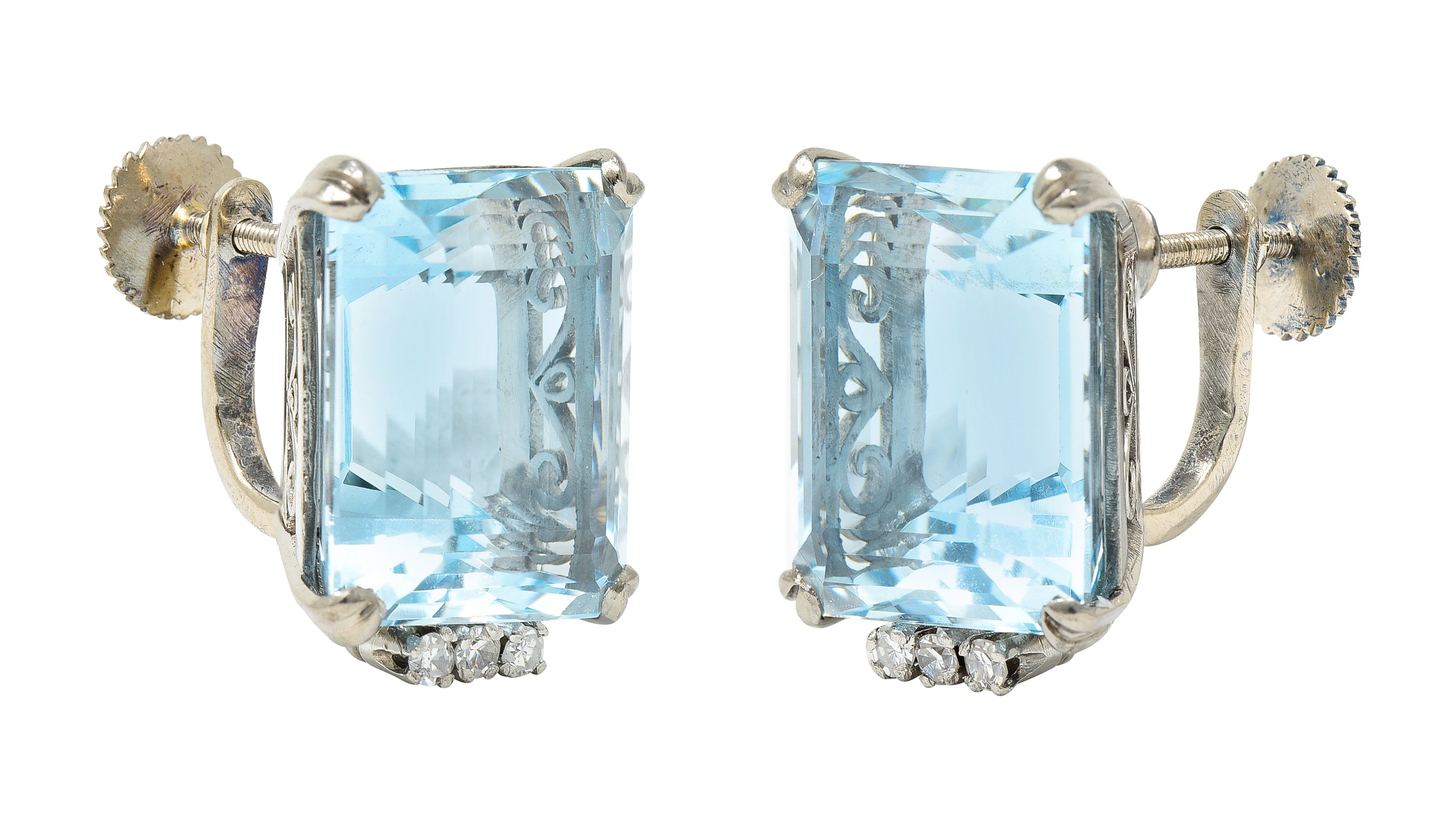Art Deco 26.32 CTW Aquamarine Diamond 18 Karat White Gold Scroll Screw Back Earrings Wilson's Estate Jewelry