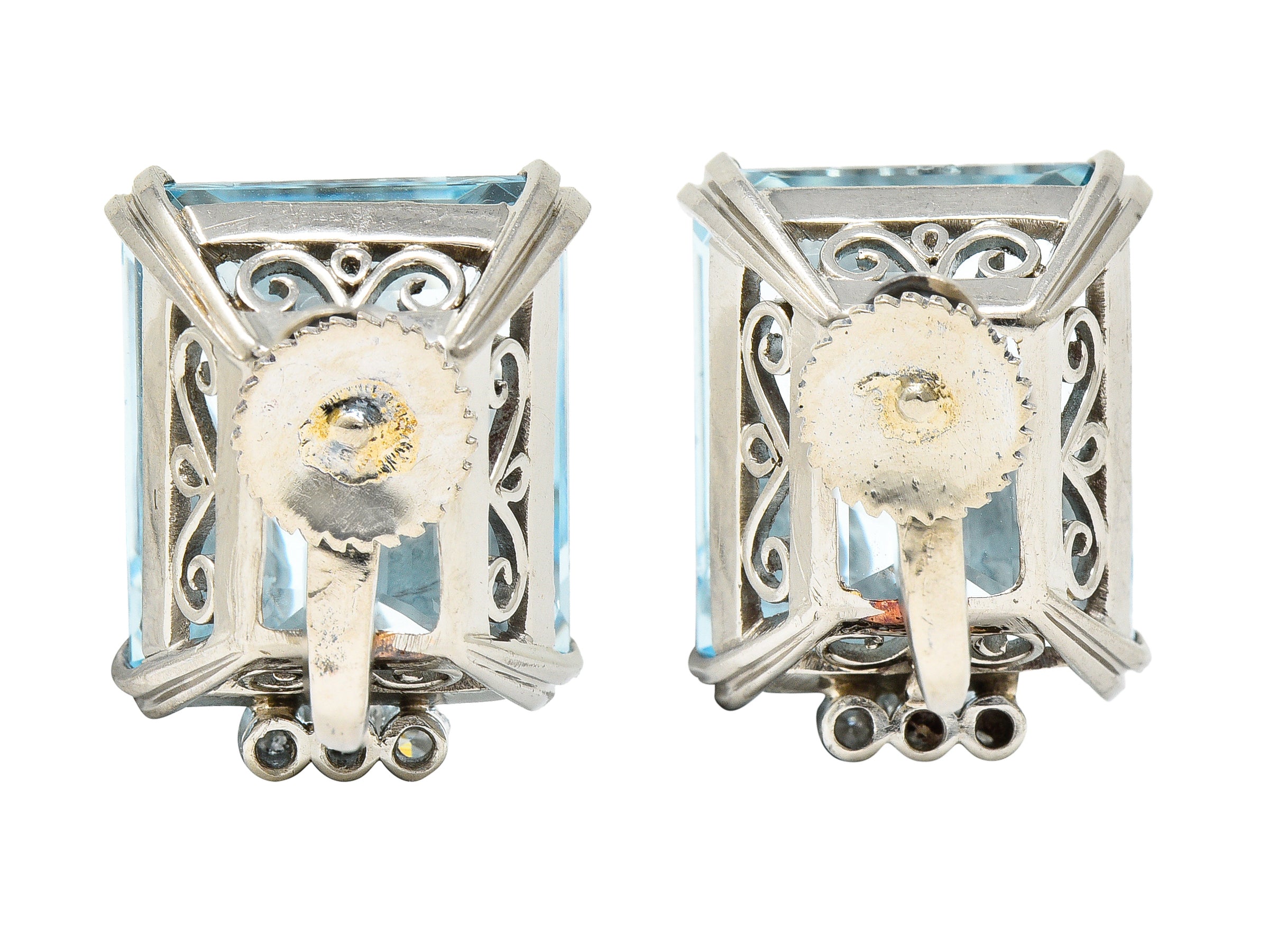 Art Deco 26.32 CTW Aquamarine Diamond 18 Karat White Gold Scroll Screw Back Earrings Wilson's Estate Jewelry