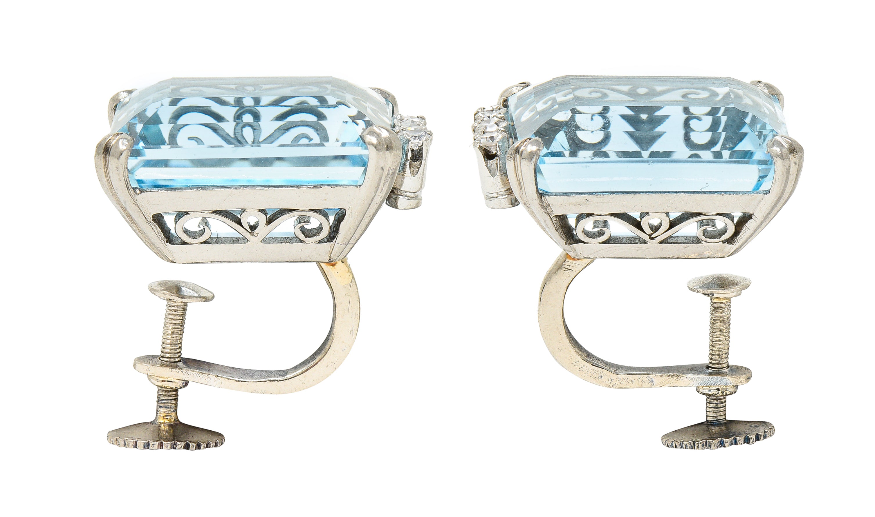 Art Deco 26.32 CTW Aquamarine Diamond 18 Karat White Gold Scroll Screw Back Earrings Wilson's Estate Jewelry