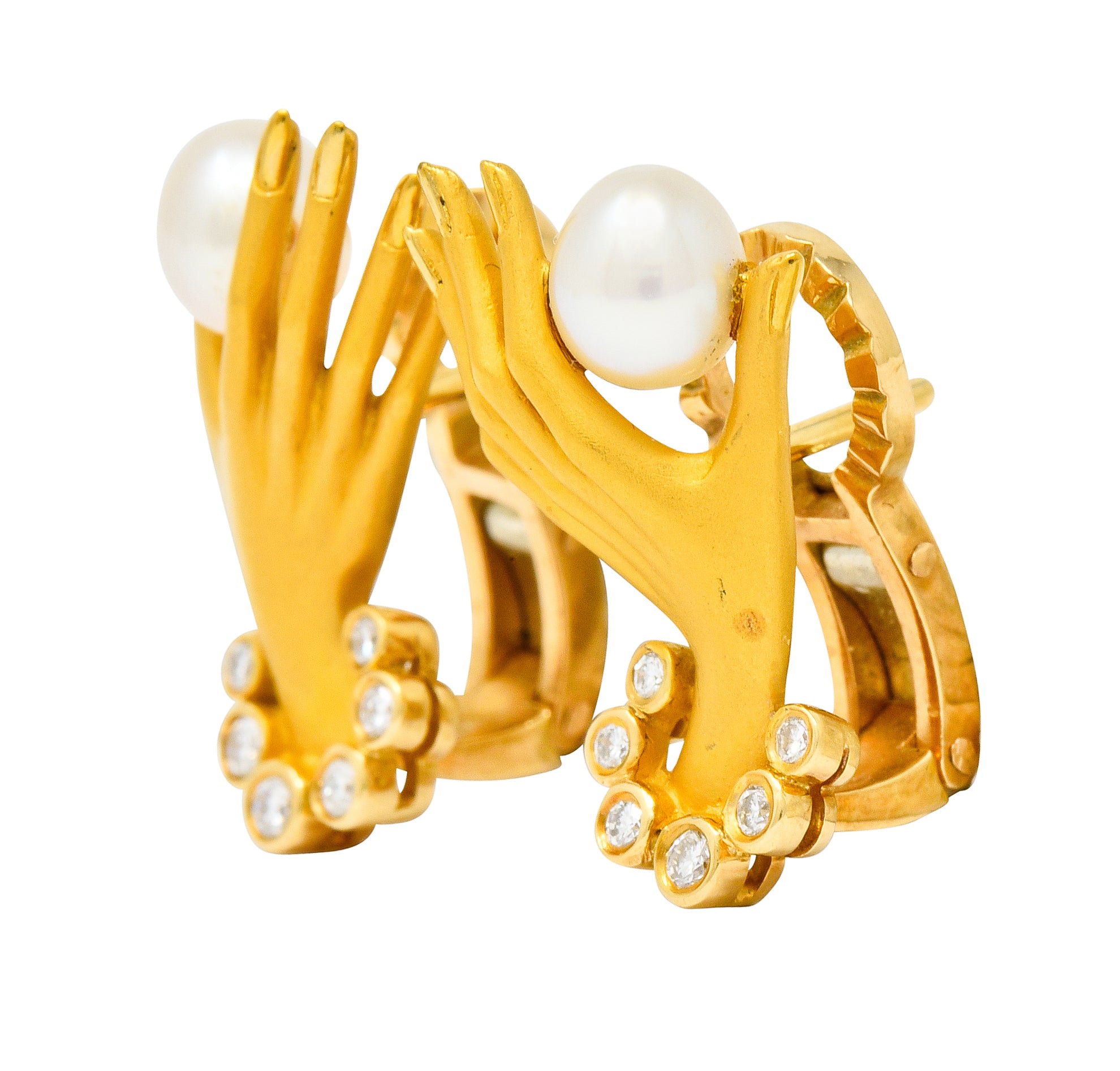 Carrera Y Carrera Diamond Pearl 18 Karat Gold Las Manos Hand Earrings - Wilson's Estate Jewelry