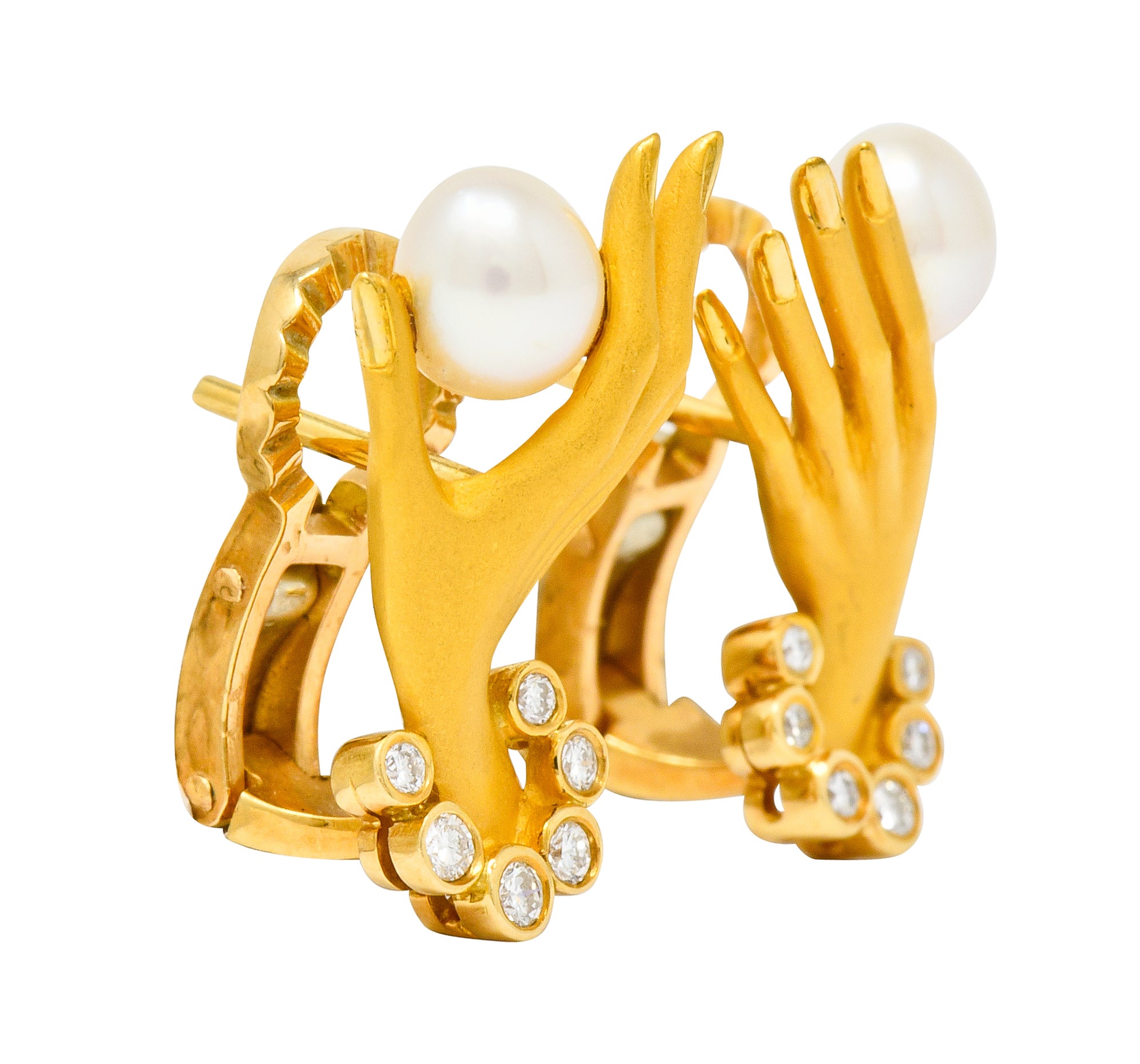 Carrera Y Carrera Diamond Pearl 18 Karat Gold Las Manos Hand Earrings - Wilson's Estate Jewelry