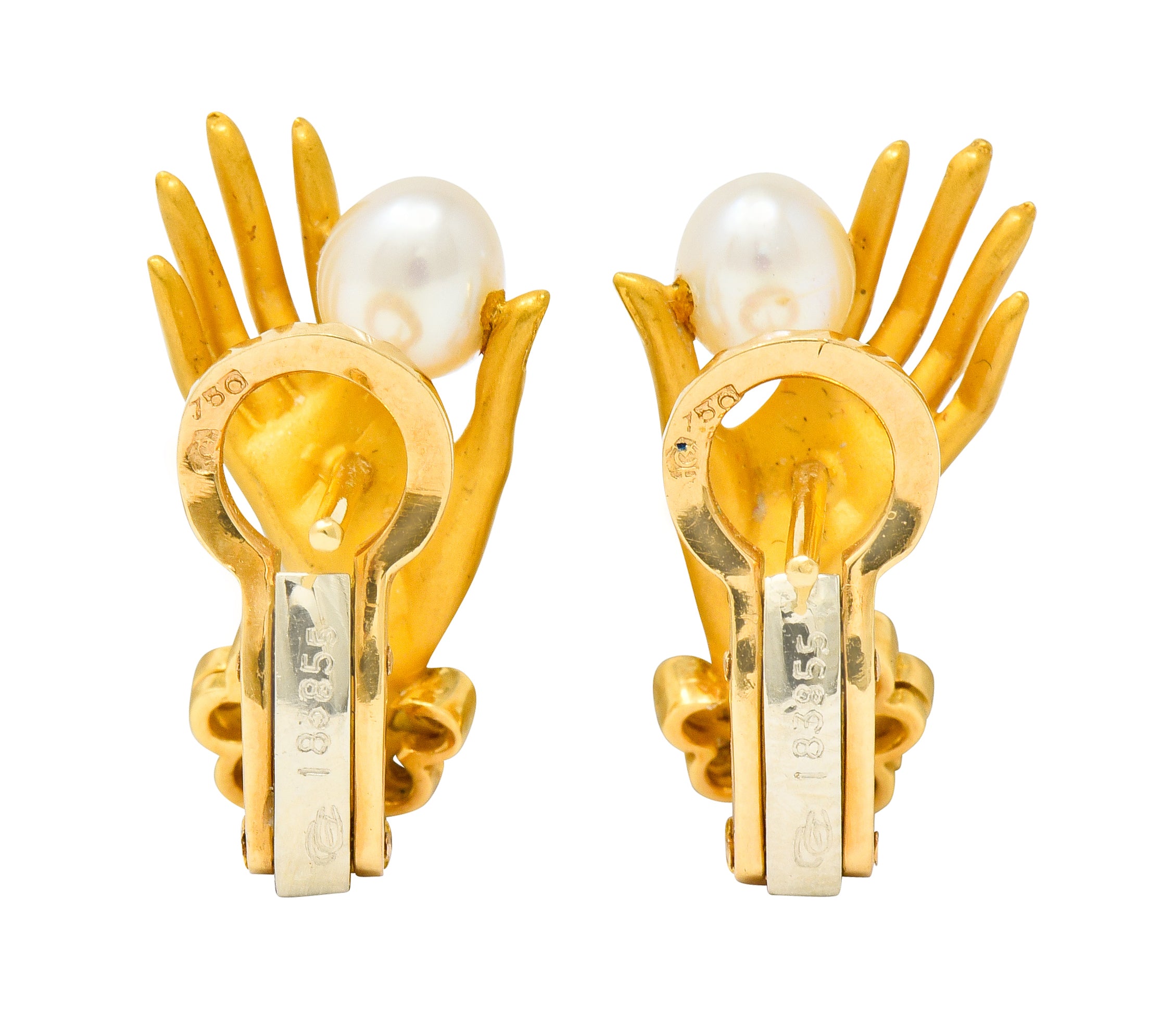 Carrera Y Carrera Diamond Pearl 18 Karat Gold Las Manos Hand Earrings - Wilson's Estate Jewelry
