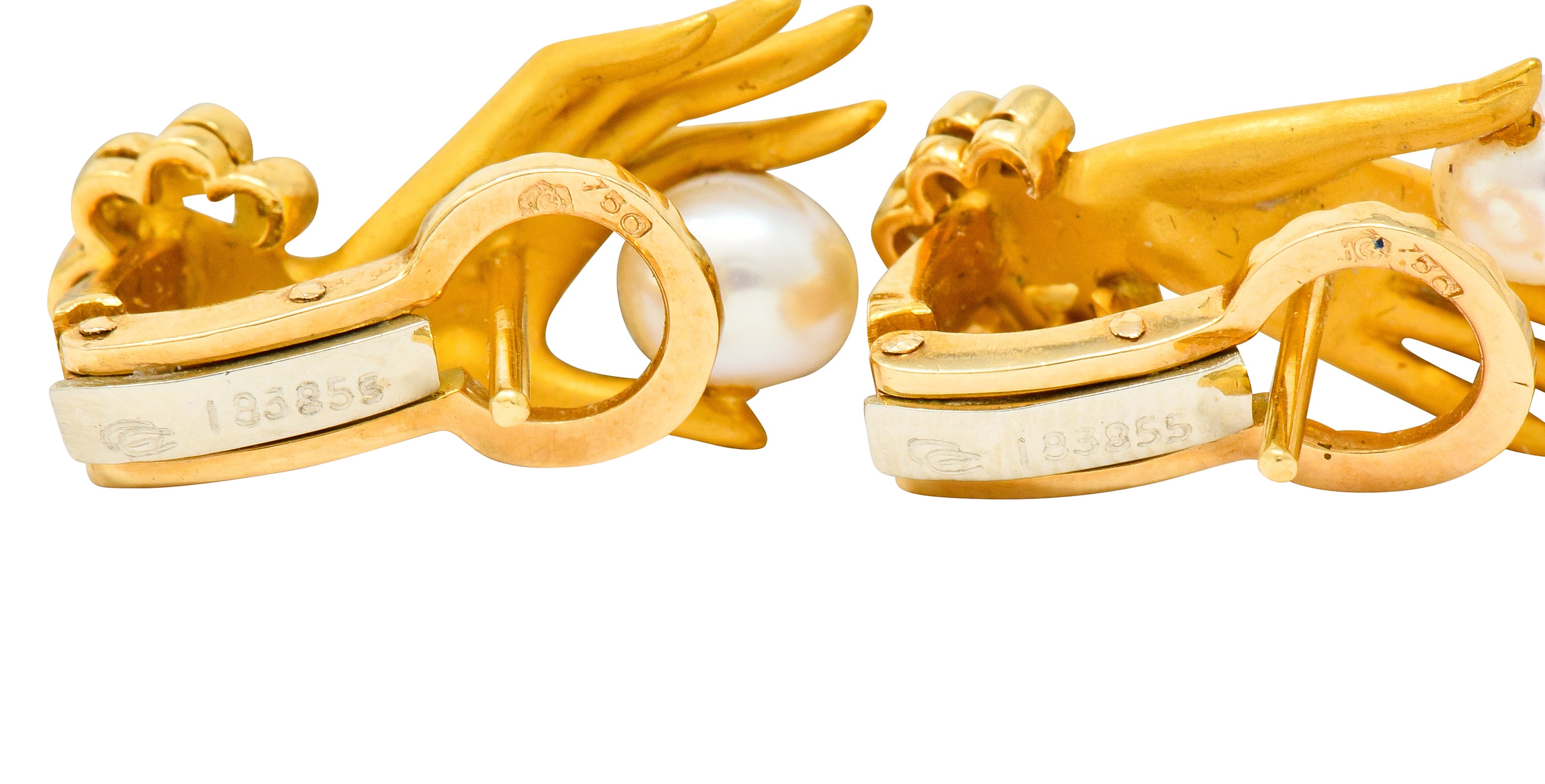 Carrera Y Carrera Diamond Pearl 18 Karat Gold Las Manos Hand Earrings - Wilson's Estate Jewelry