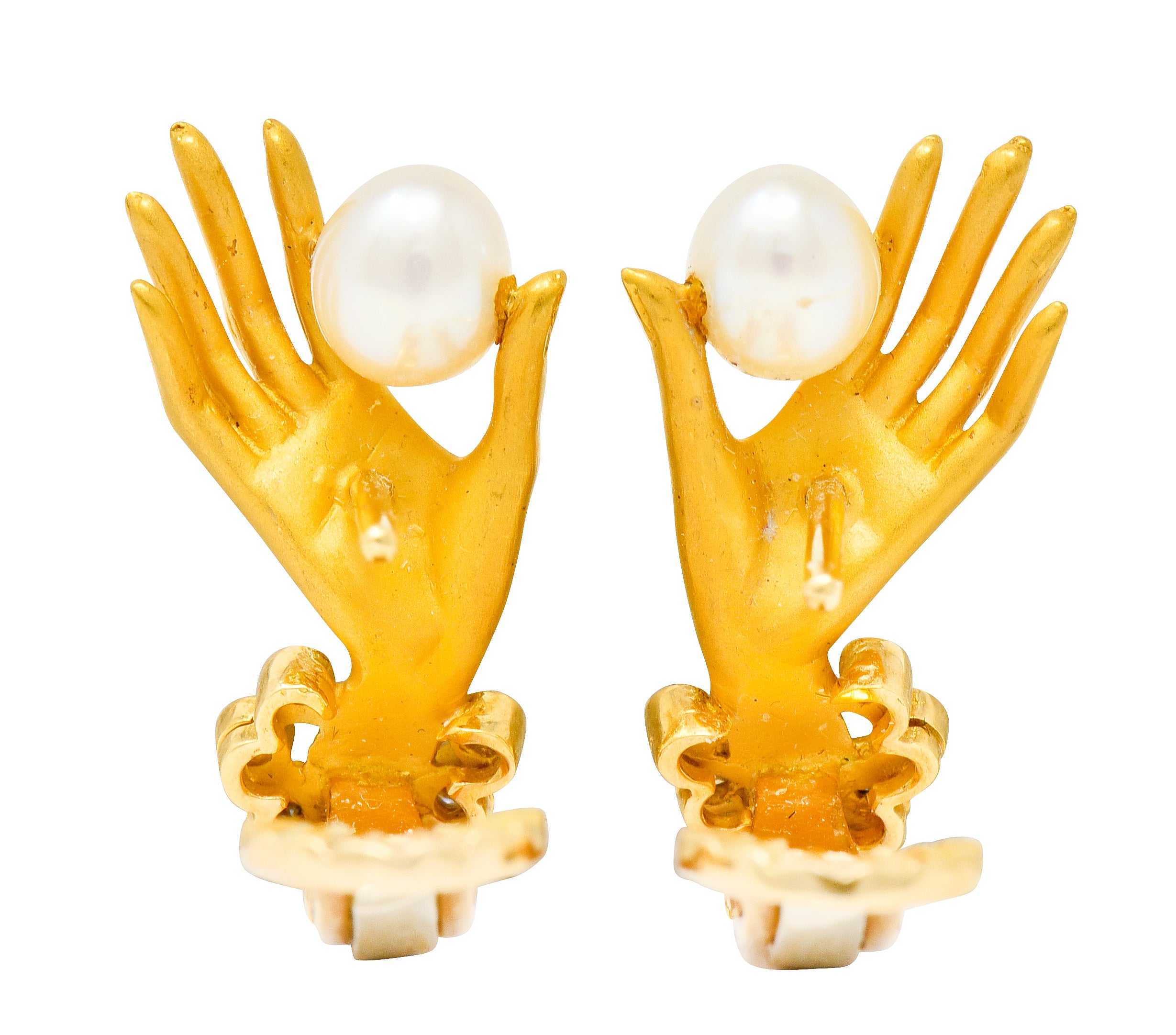 Carrera Y Carrera Diamond Pearl 18 Karat Gold Las Manos Hand Earrings - Wilson's Estate Jewelry