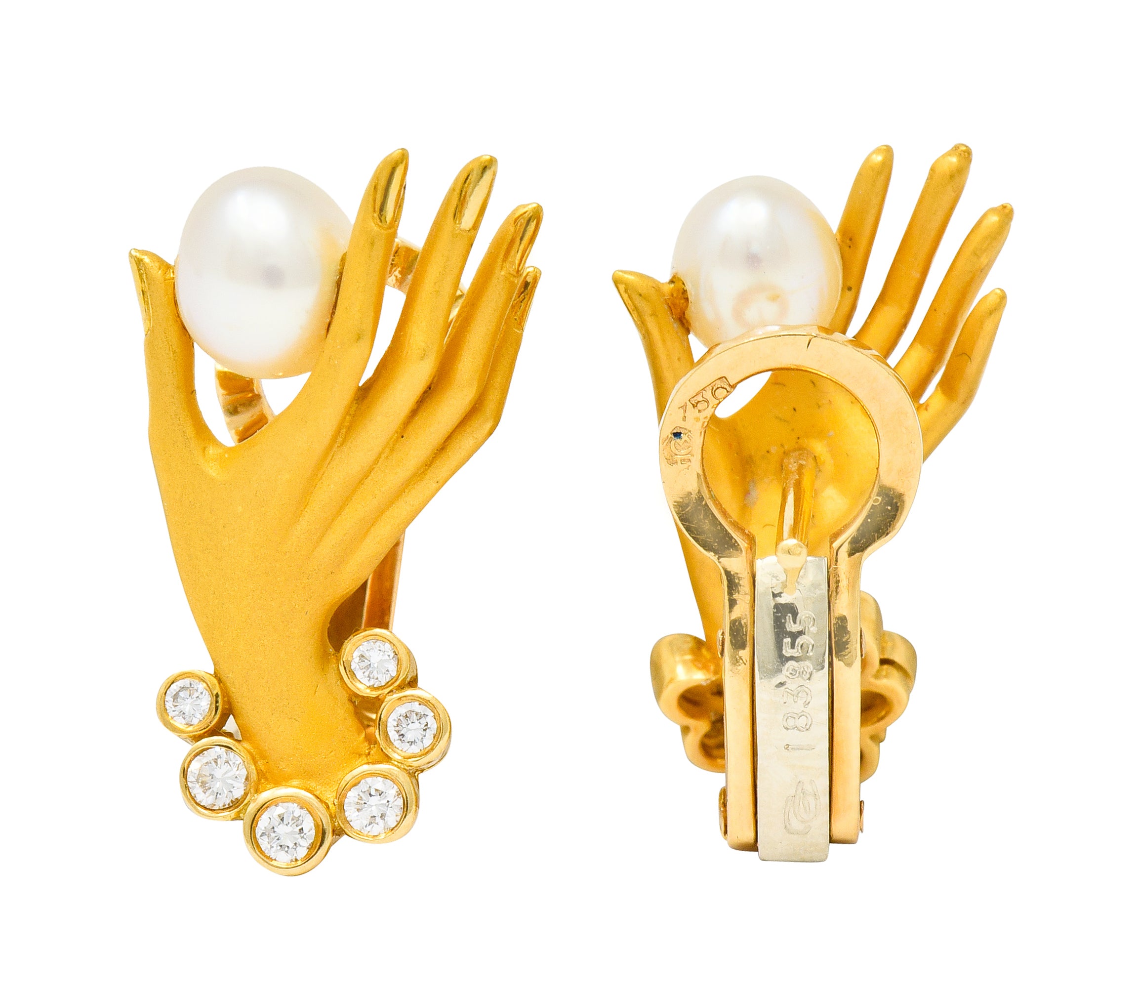 Carrera Y Carrera Diamond Pearl 18 Karat Gold Las Manos Hand Earrings - Wilson's Estate Jewelry