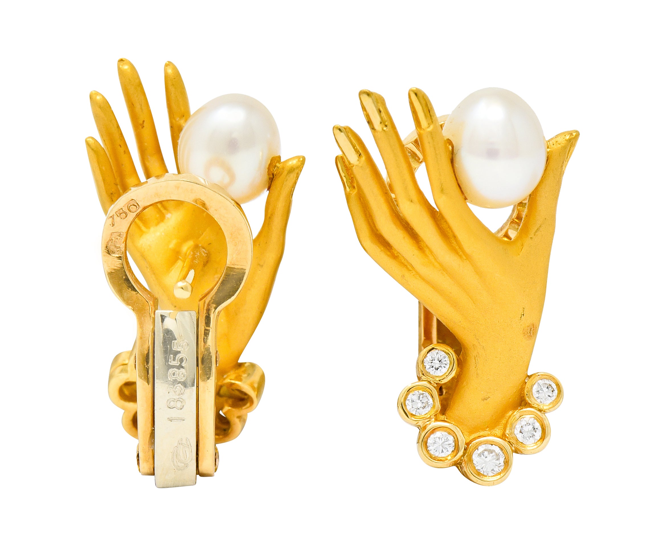 Carrera Y Carrera Diamond Pearl 18 Karat Gold Las Manos Hand Earrings - Wilson's Estate Jewelry
