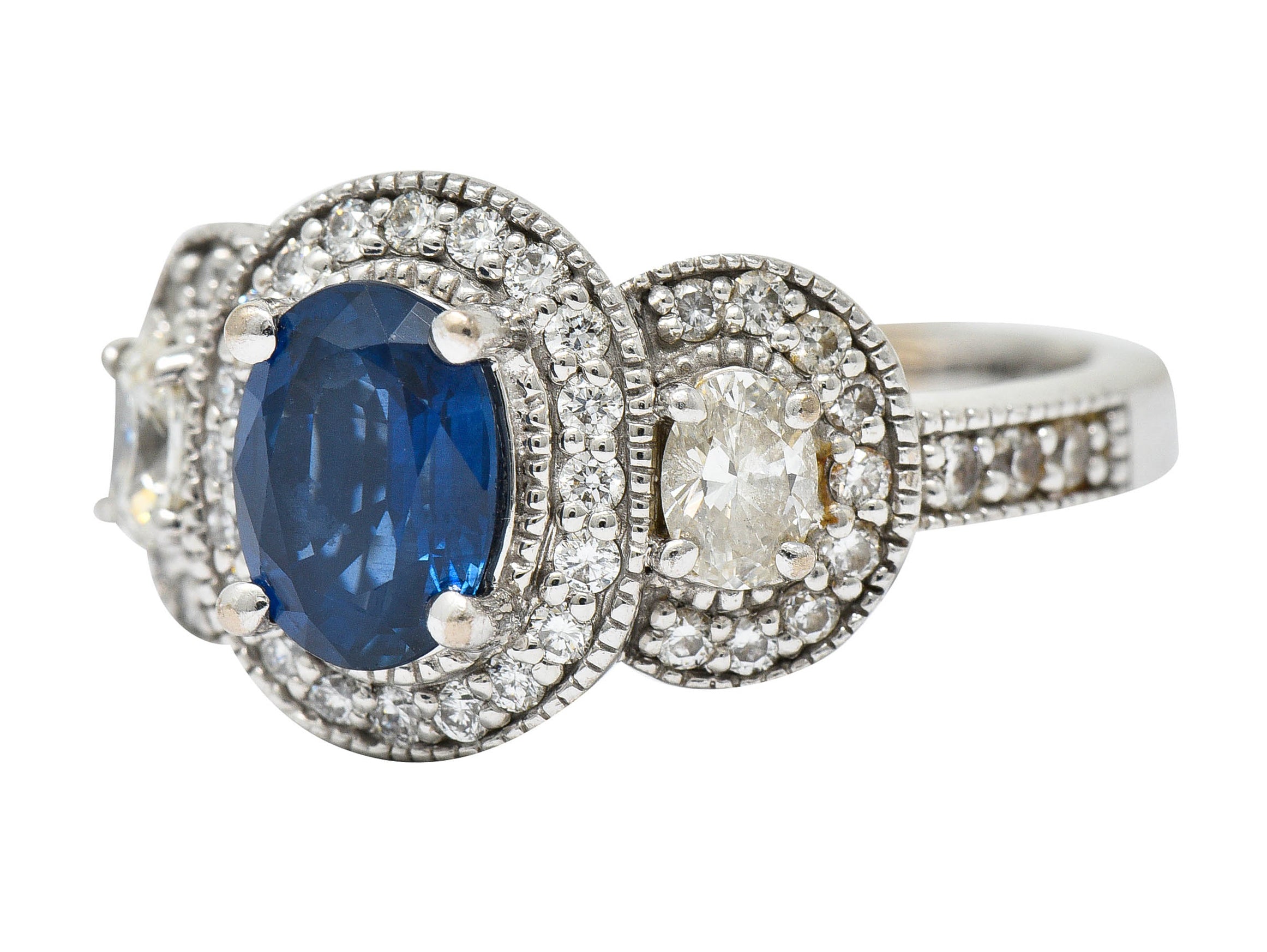 Vintage 2.70 CTW Sapphire Diamond 18 Karat White Gold Triple Cluster RingRing - Wilson's Estate Jewelry