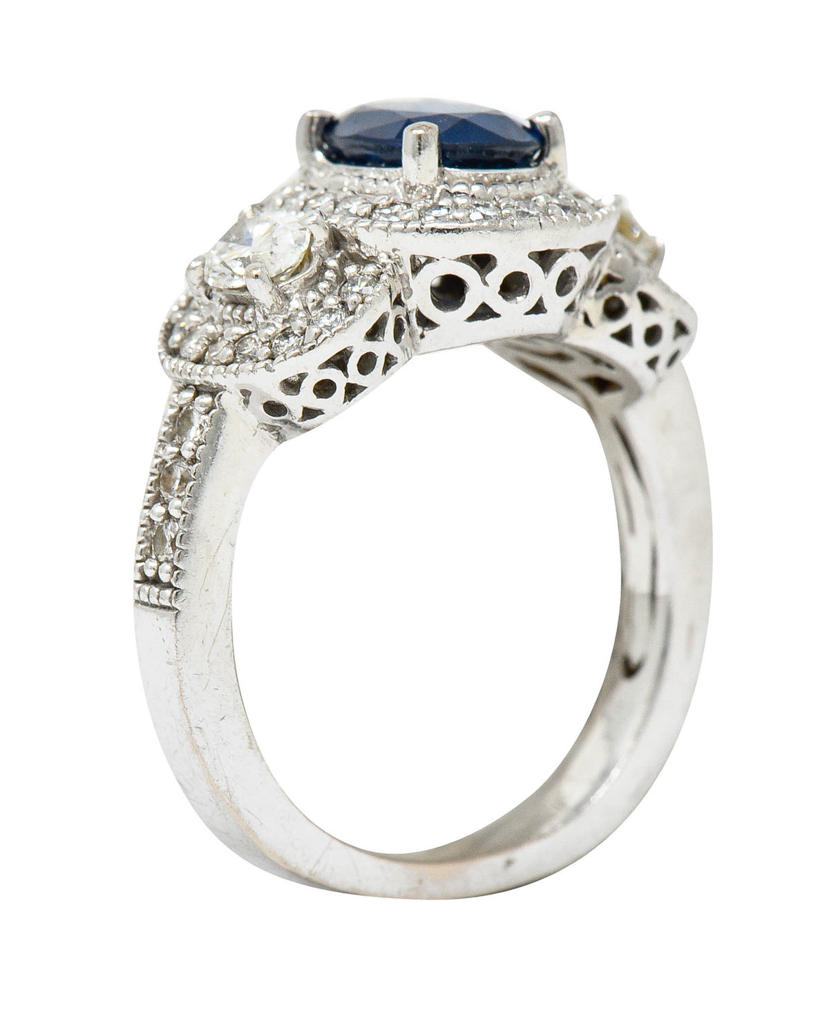 Vintage 2.70 CTW Sapphire Diamond 18 Karat White Gold Triple Cluster RingRing - Wilson's Estate Jewelry