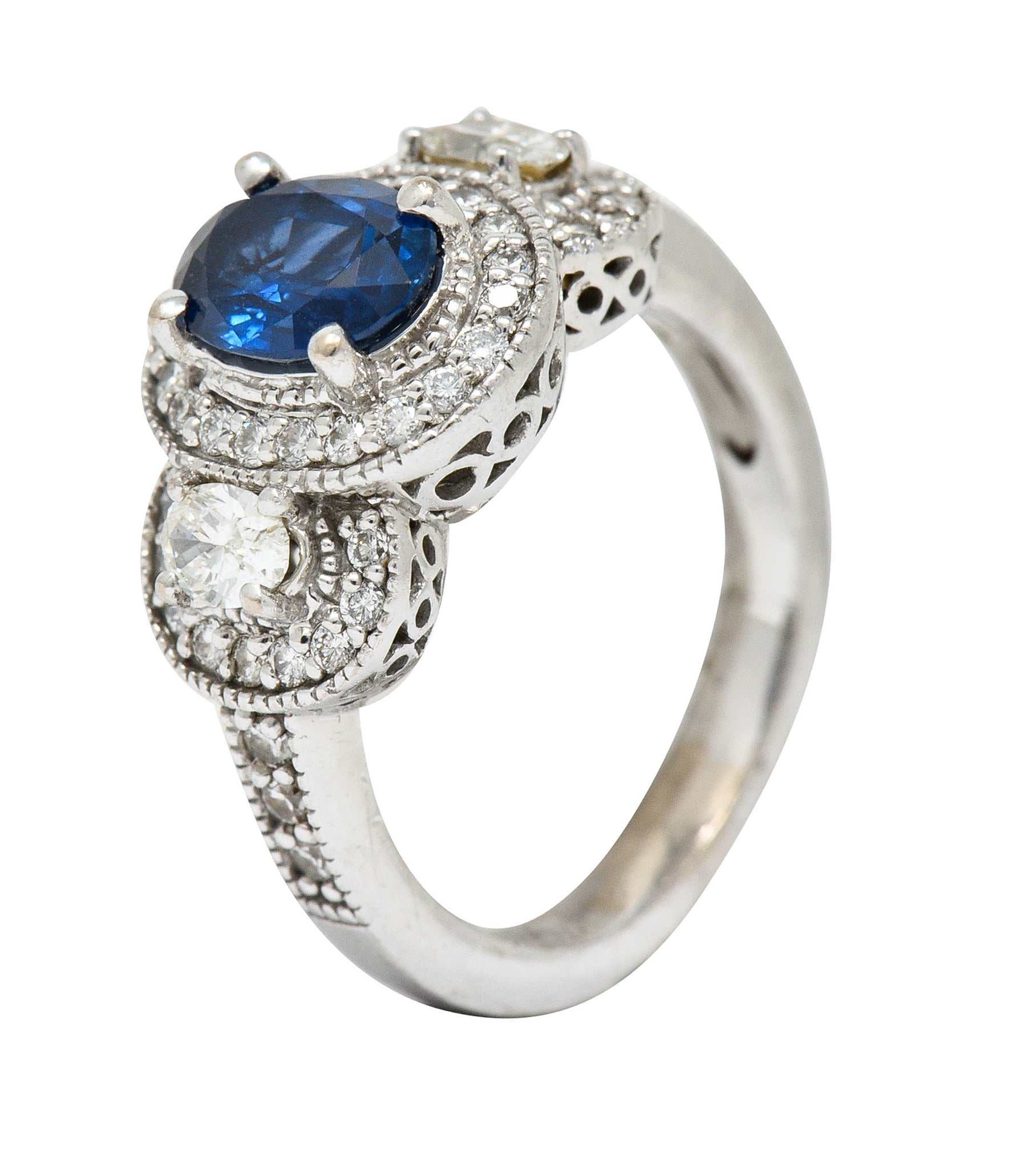 Vintage 2.70 CTW Sapphire Diamond 18 Karat White Gold Triple Cluster RingRing - Wilson's Estate Jewelry