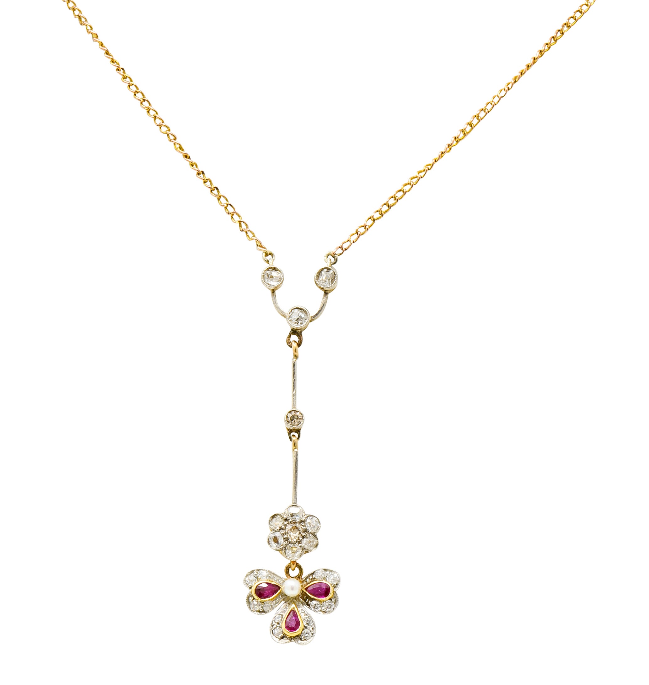 Edwardian Diamond Ruby Pearl Platinum-Topped 18 Karat Gold Floral Drop Necklace - Wilson's Estate Jewelry