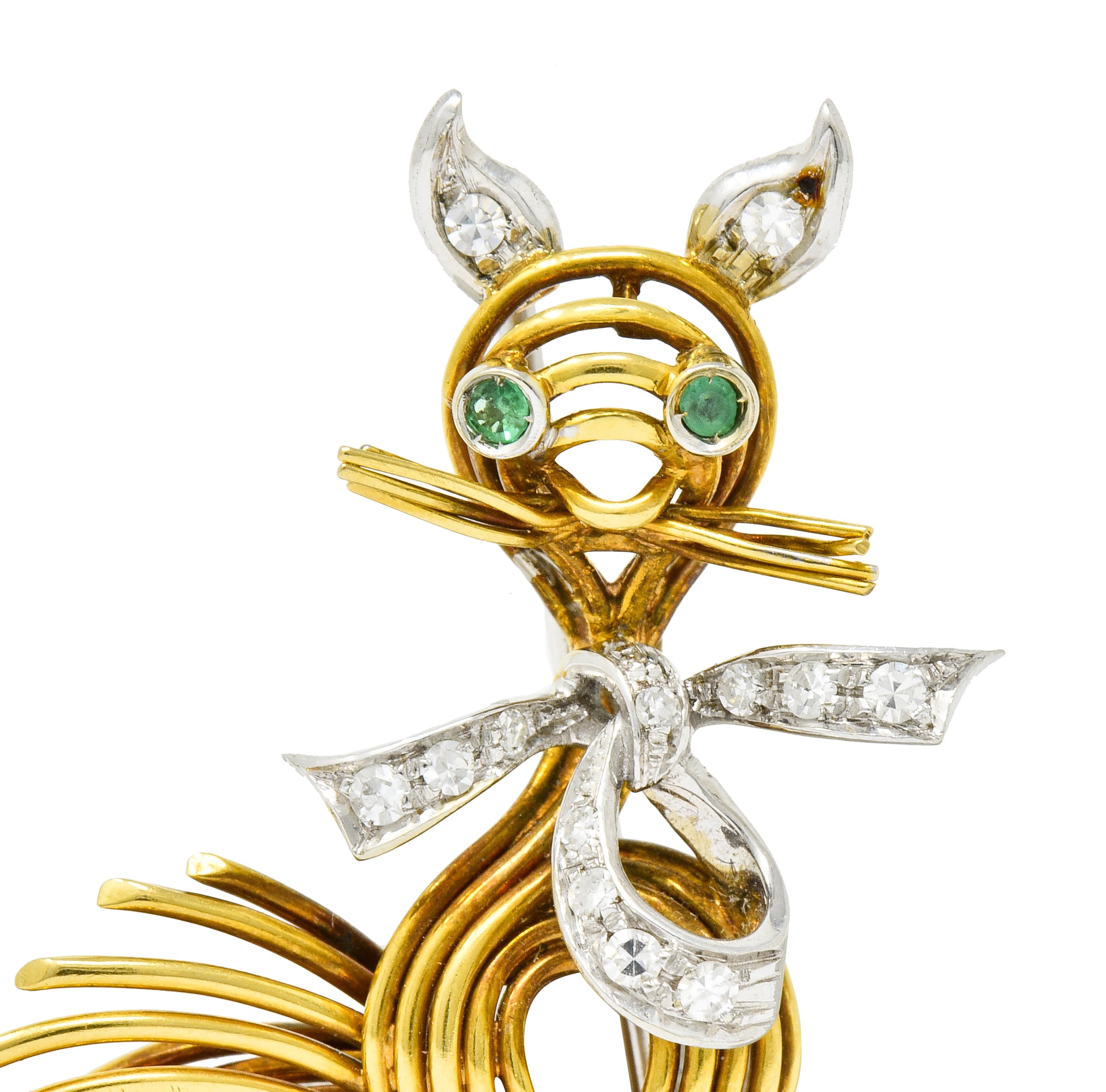Spitzer & Furman Vintage Diamond Emerald Platinum 18 Karat Gold Cat Brooch - Wilson's Estate Jewelry