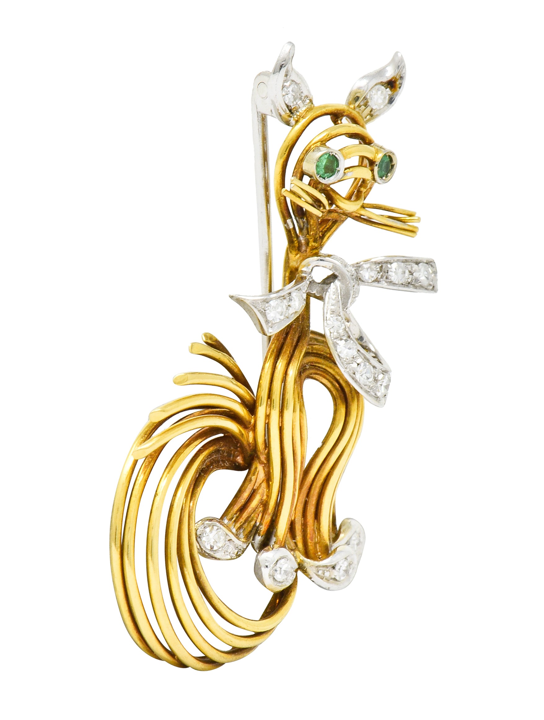 Spitzer & Furman Vintage Diamond Emerald Platinum 18 Karat Gold Cat Brooch - Wilson's Estate Jewelry