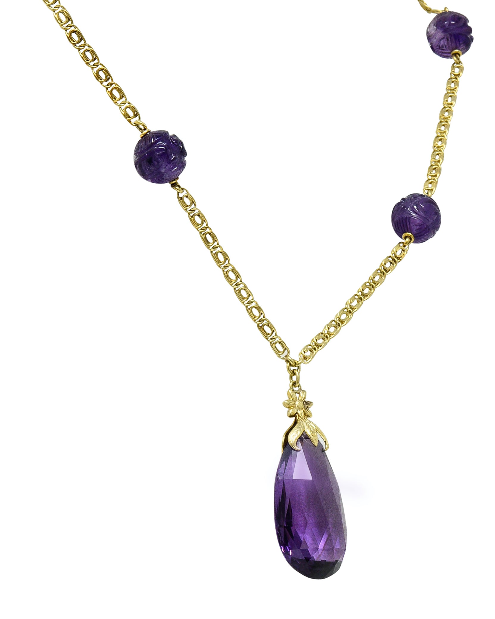 Art Nouveau Carved & Faceted Amethyst 14 Karat Gold Drop NecklaceNecklace - Wilson's Estate Jewelry
