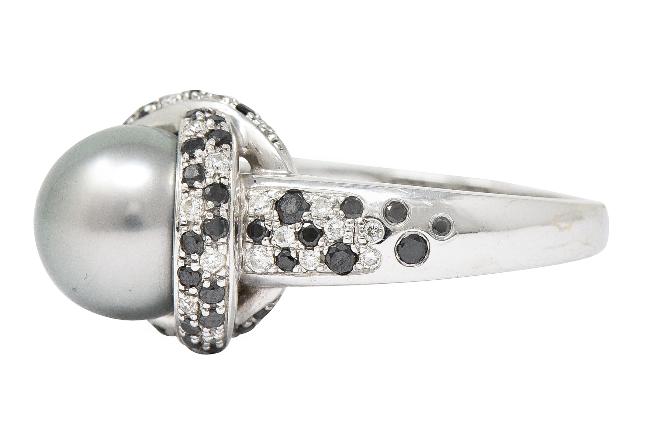 Mauboussin Paris Tahitian Pearl Diamond & Black Diamond 18 Karat White Gold Perle Caviar Mon Amour Ring Wilson's Estate Jewelry