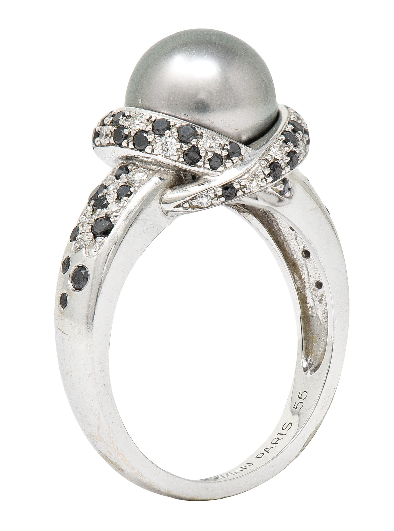 Mauboussin Paris Tahitian Pearl Diamond & Black Diamond 18 Karat White Gold Perle Caviar Mon Amour Ring Wilson's Estate Jewelry