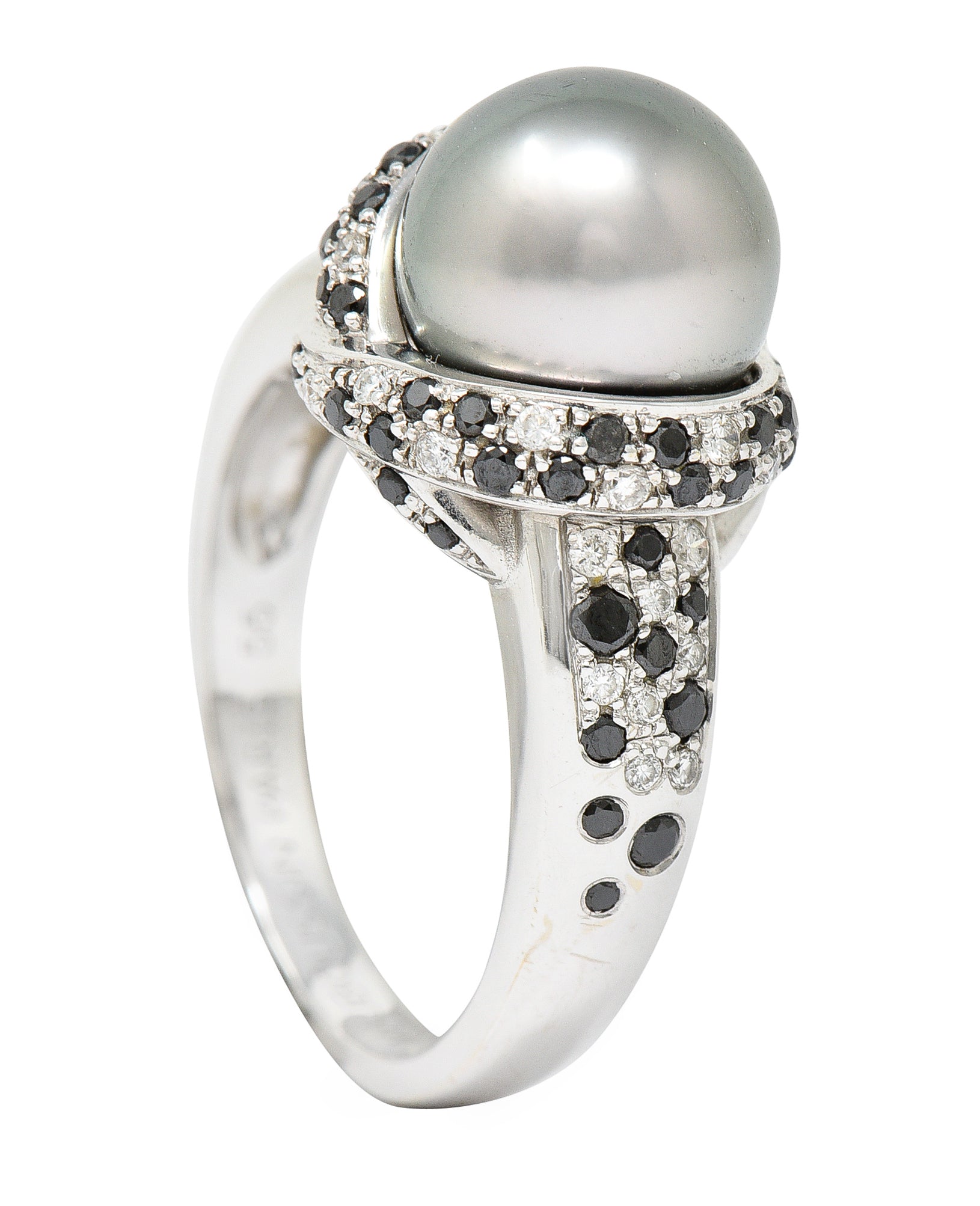 Mauboussin Paris Tahitian Pearl Diamond & Black Diamond 18 Karat White Gold Perle Caviar Mon Amour Ring Wilson's Estate Jewelry