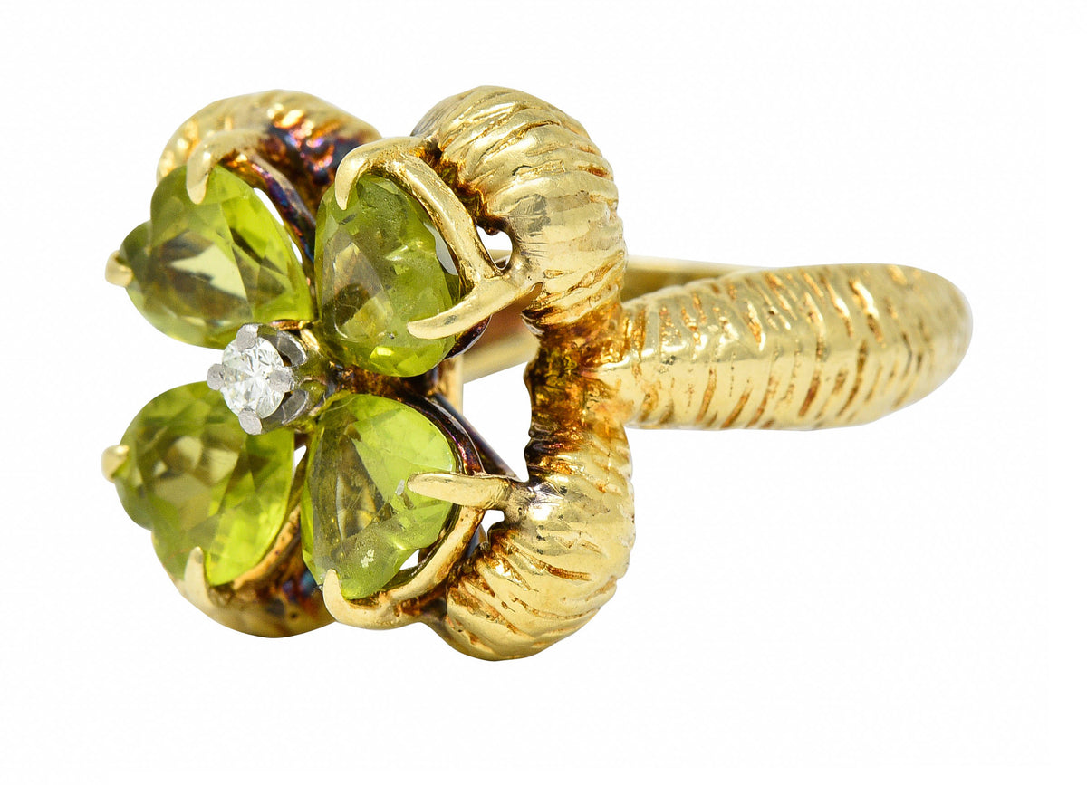 David Trabich 1980's Vintage 2.90 CTW Peridot Diamond 14 Karat Gold Clover RingRing - Wilson's Estate Jewelry