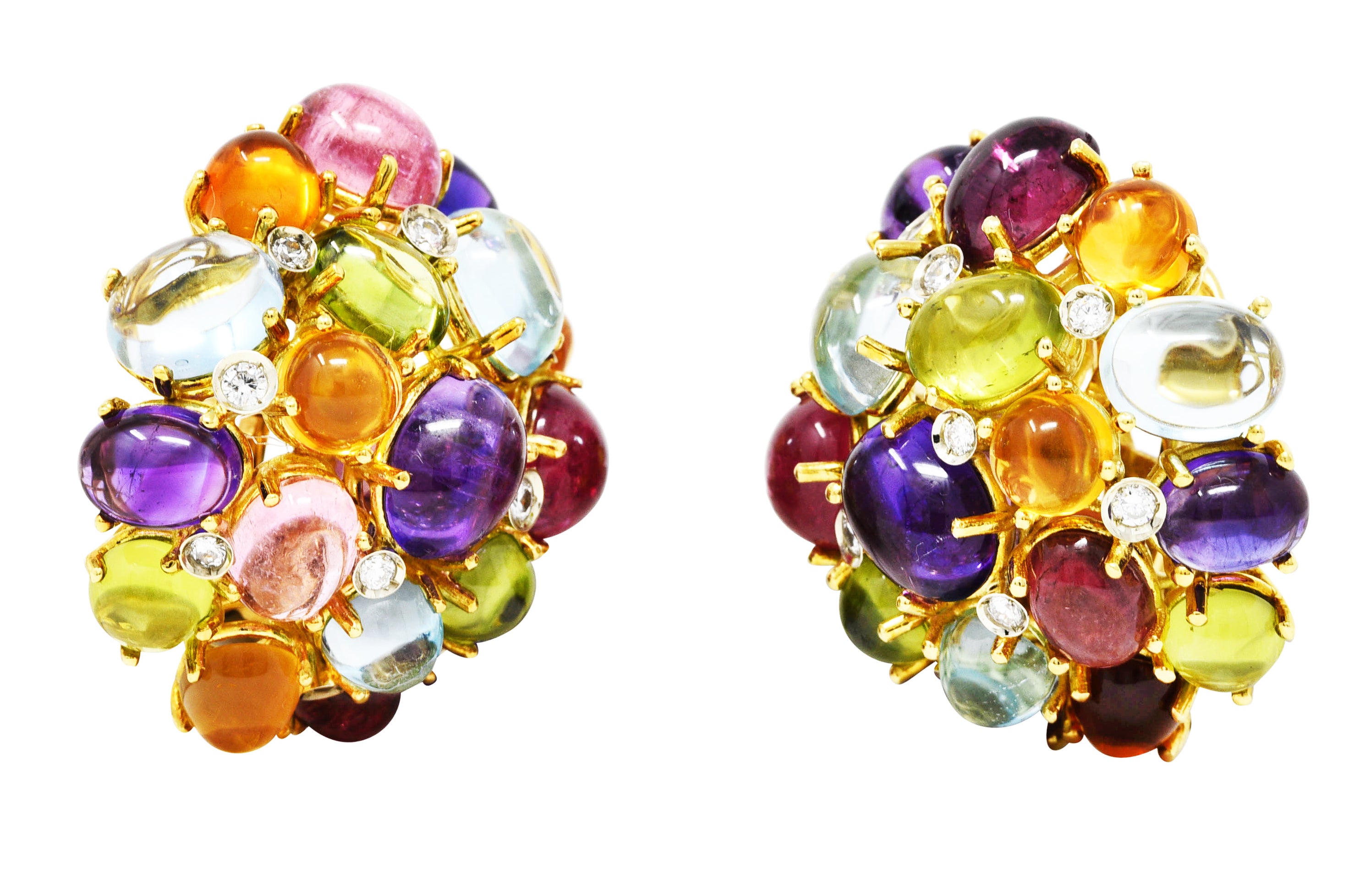 Valentino Amethyst Citrine Peridot Tourmaline 18 Karat Two-Tone Gold Vintage Cabochon Cluster Earrings Wilson's Estate Jewelry