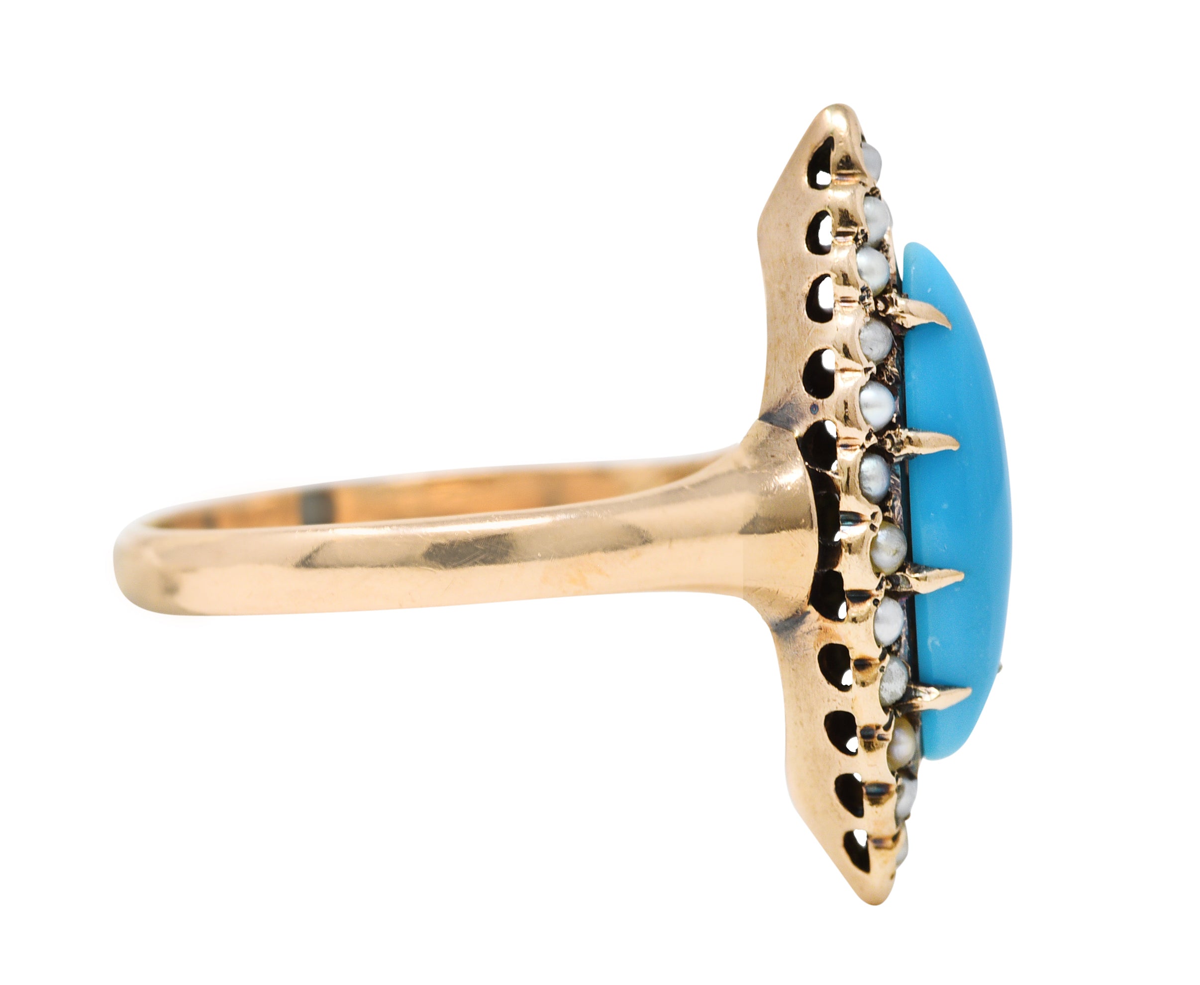Victorian Turquoise Pearl 10 Karat Rose Gold Antique Navette Halo Ring Wilson's Estate Jewelry