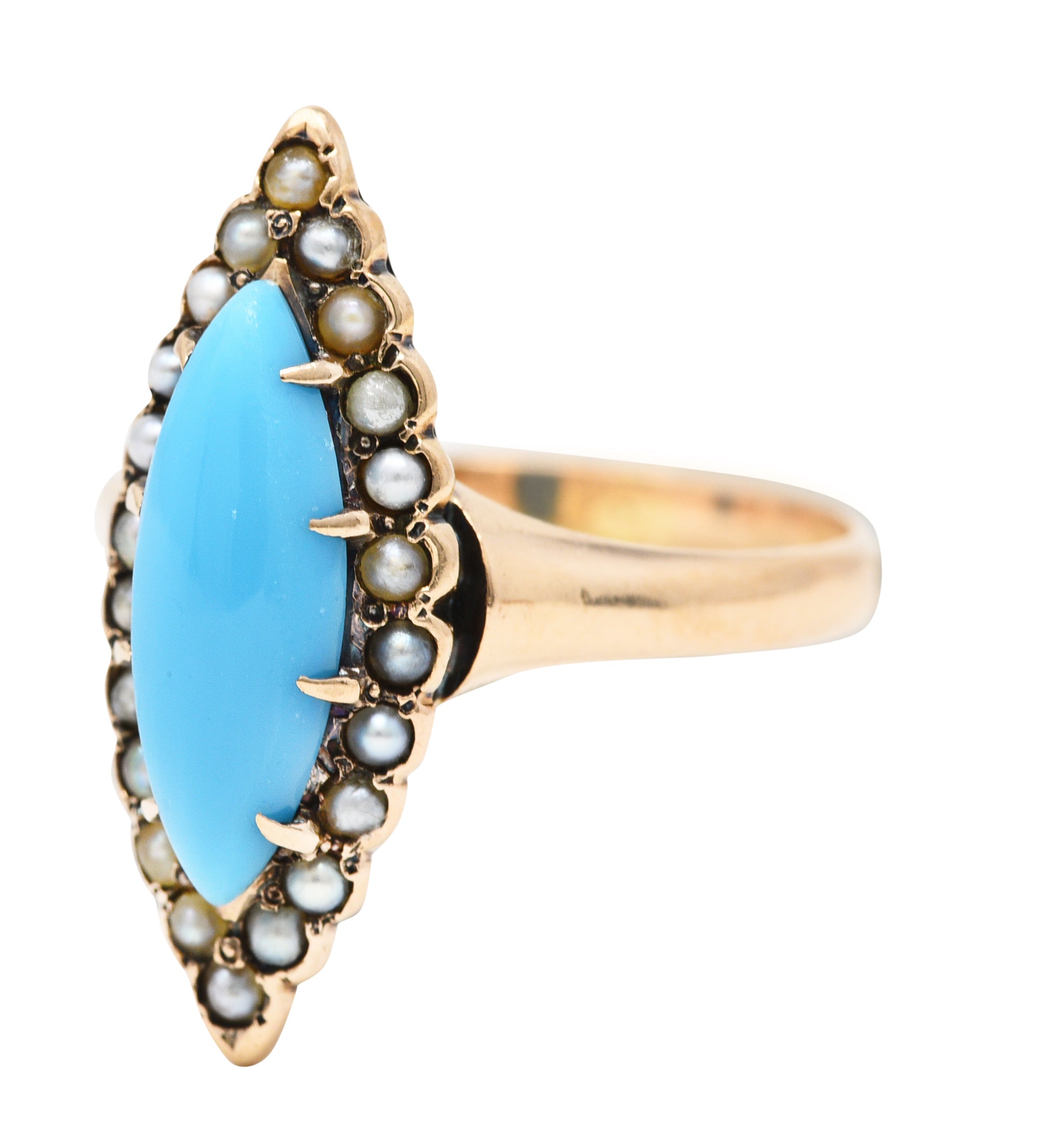 Victorian Turquoise Pearl 10 Karat Rose Gold Antique Navette Halo Ring Wilson's Estate Jewelry