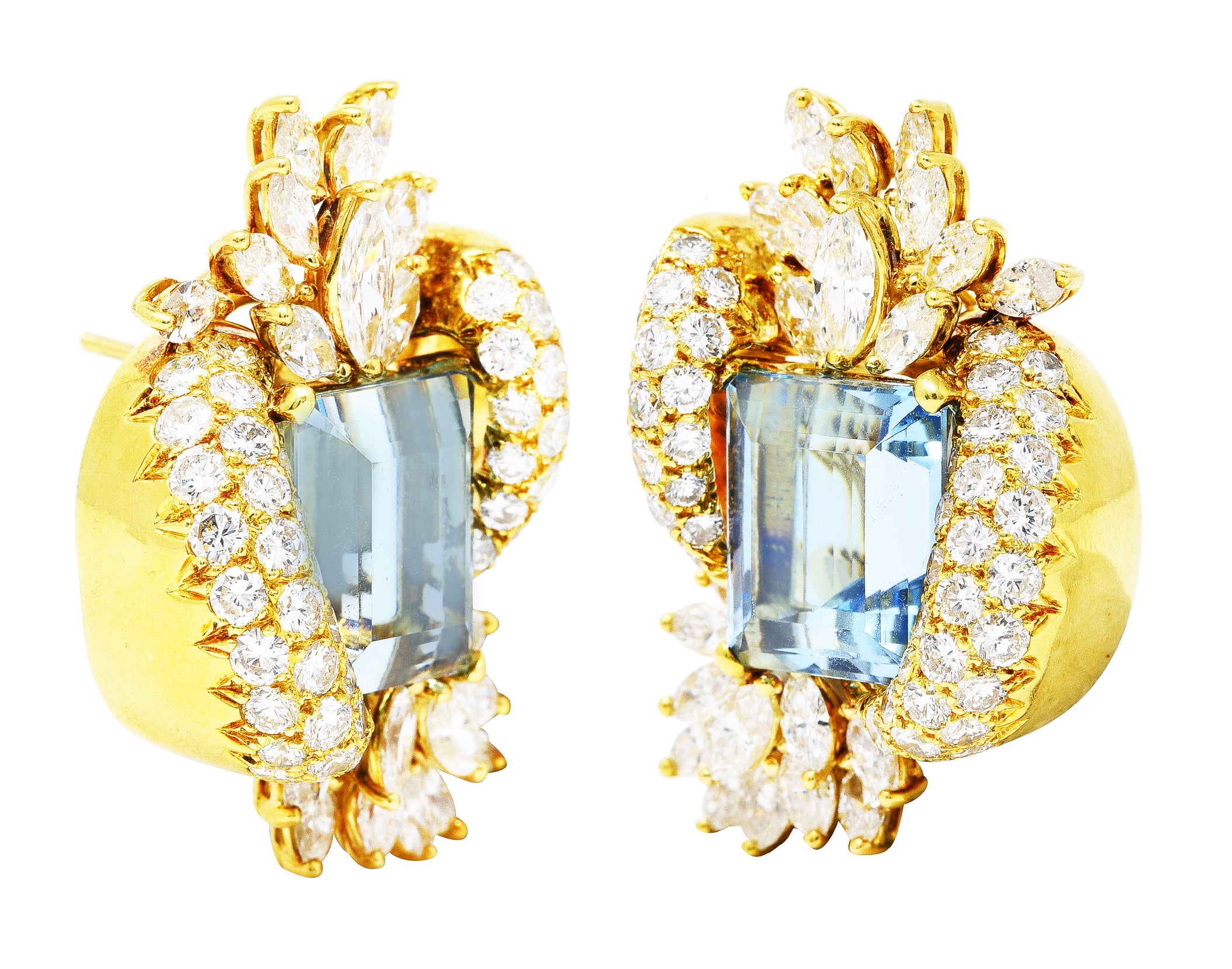 .11111 *#gallery pic washed out? *rrf fixed* Vintage Jose Hess 32.00 CTW Aquamarine Diamond 18 Karat Yellow Gold Cluster Gemstone Earrings Wilson's Estate Jewelry