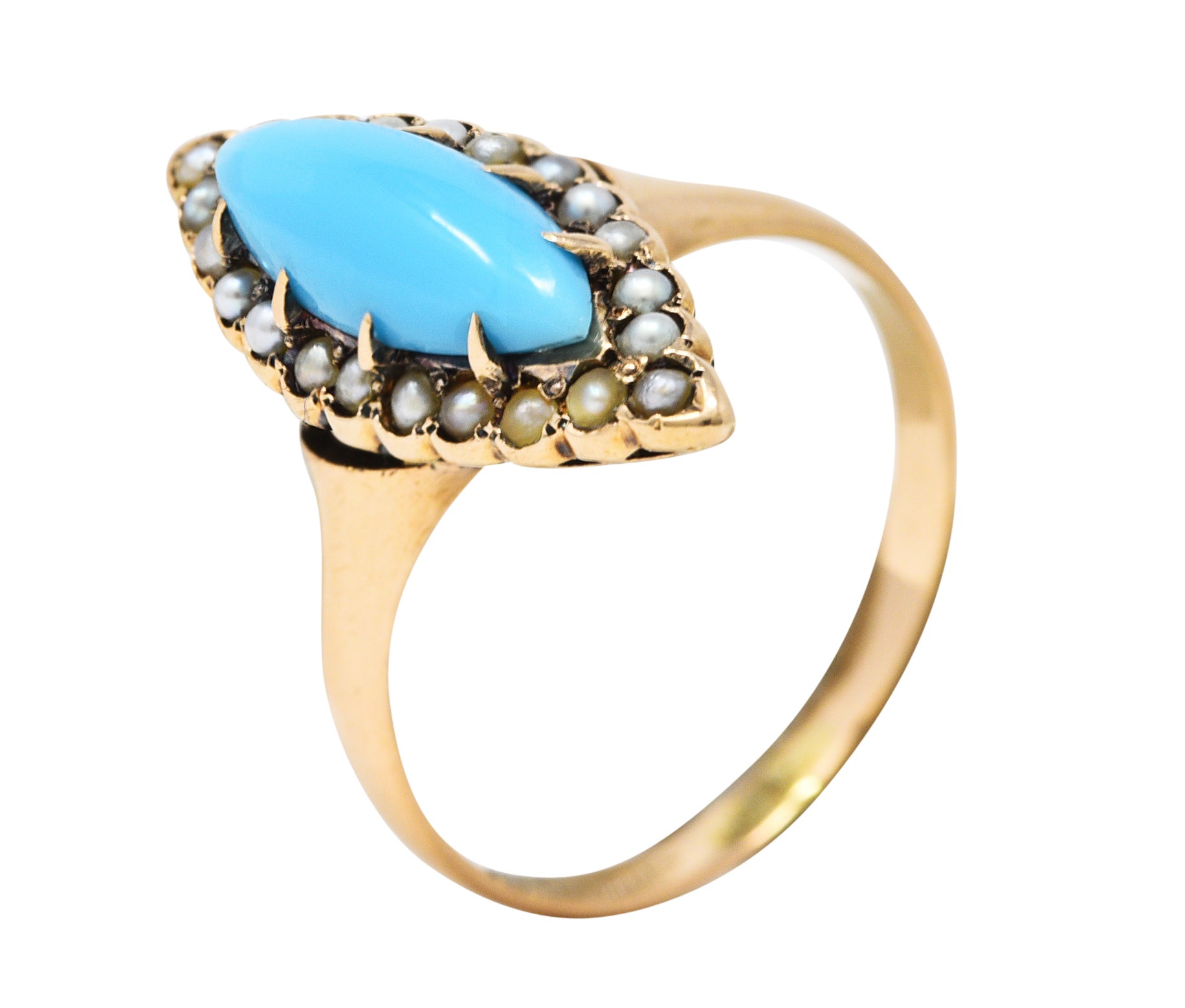 Victorian Turquoise Pearl 10 Karat Rose Gold Antique Navette Halo Ring Wilson's Estate Jewelry