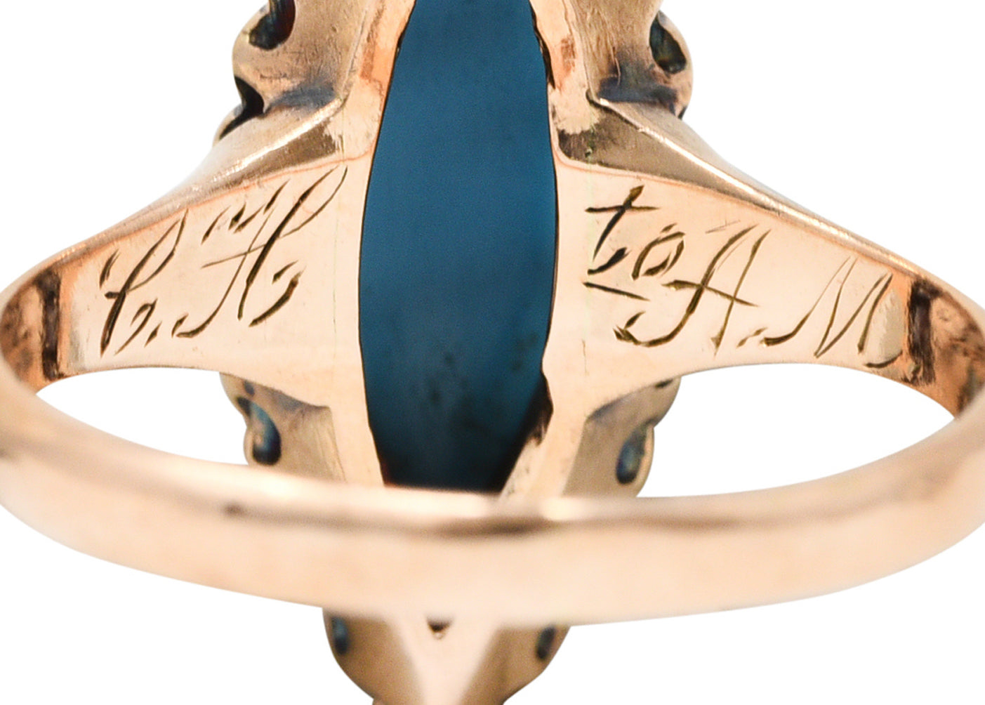 Victorian Turquoise Pearl 10 Karat Rose Gold Antique Navette Halo Ring Wilson's Estate Jewelry