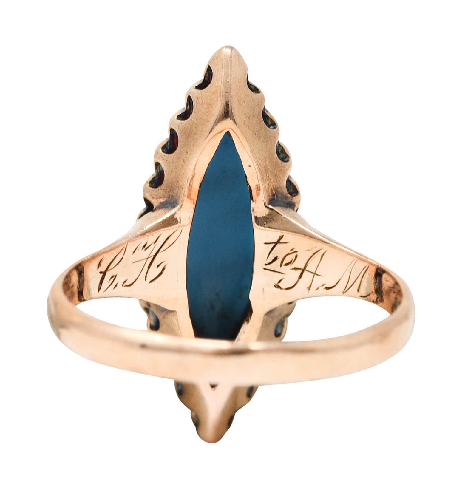 Victorian Turquoise Pearl 10 Karat Rose Gold Antique Navette Halo Ring Wilson's Estate Jewelry