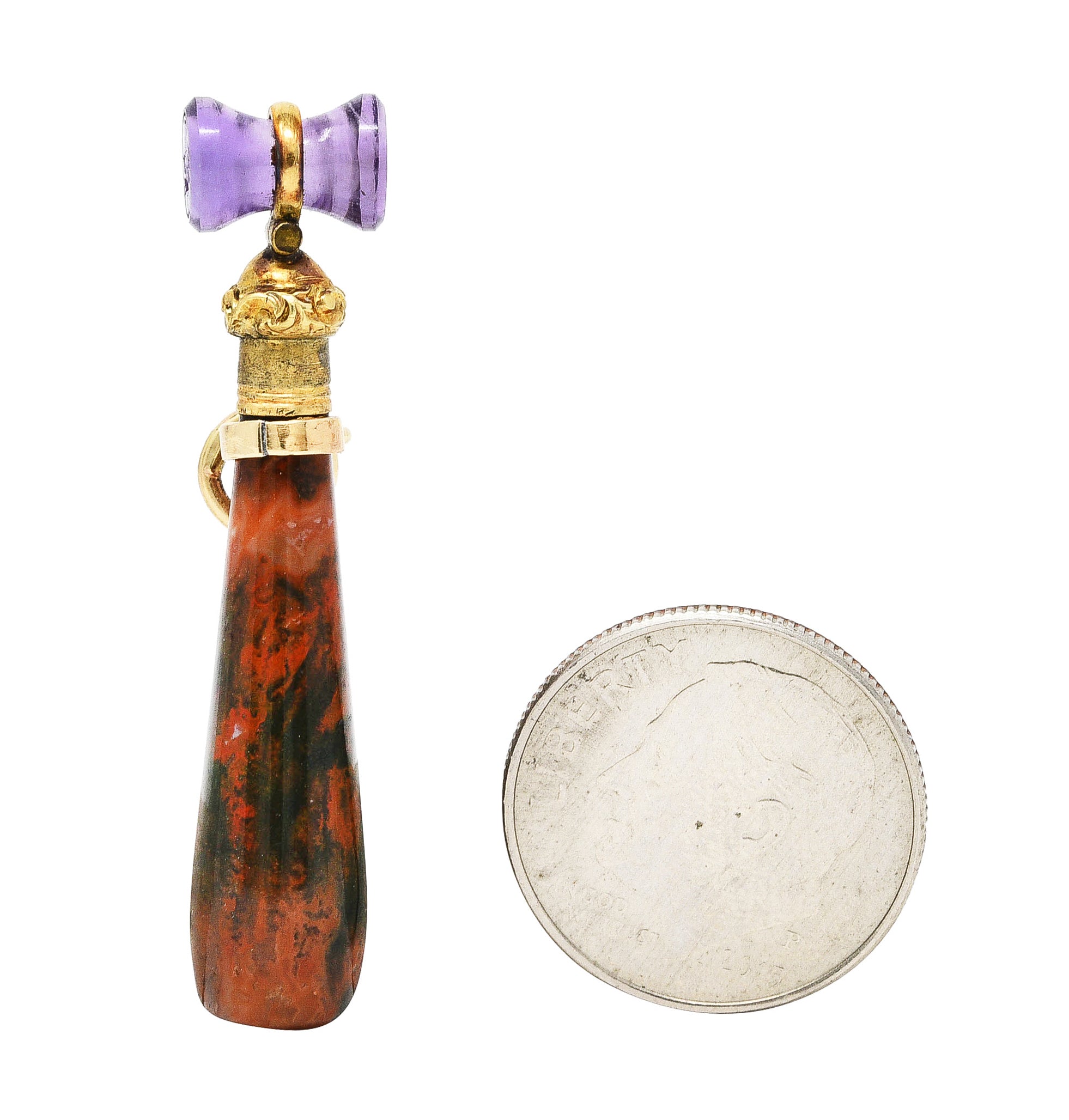 Georgian Bloodstone Amethyst 14 Karat Yellow Gold Carved Floral Badge Intaglio Mallet Antique Charm Wilson's Estate Jewelry