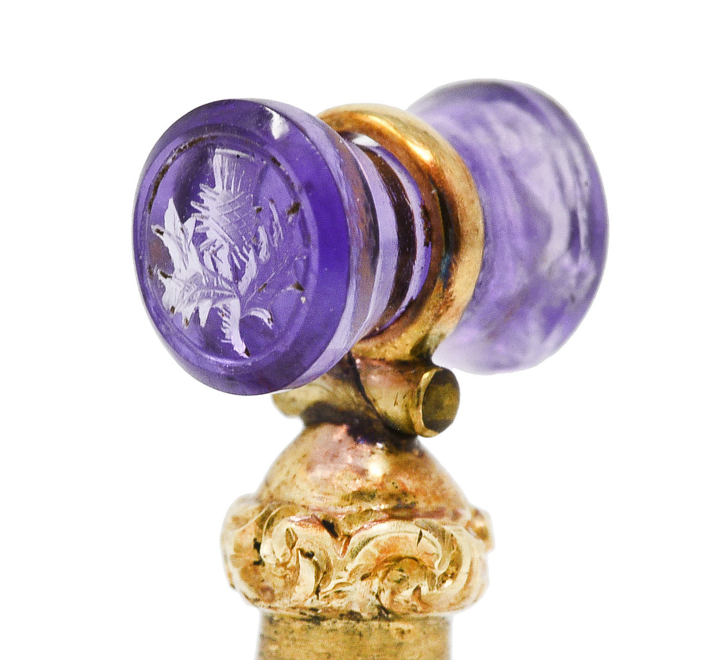 Georgian Bloodstone Amethyst 14 Karat Yellow Gold Carved Floral Badge Intaglio Mallet Antique Charm Wilson's Estate Jewelry