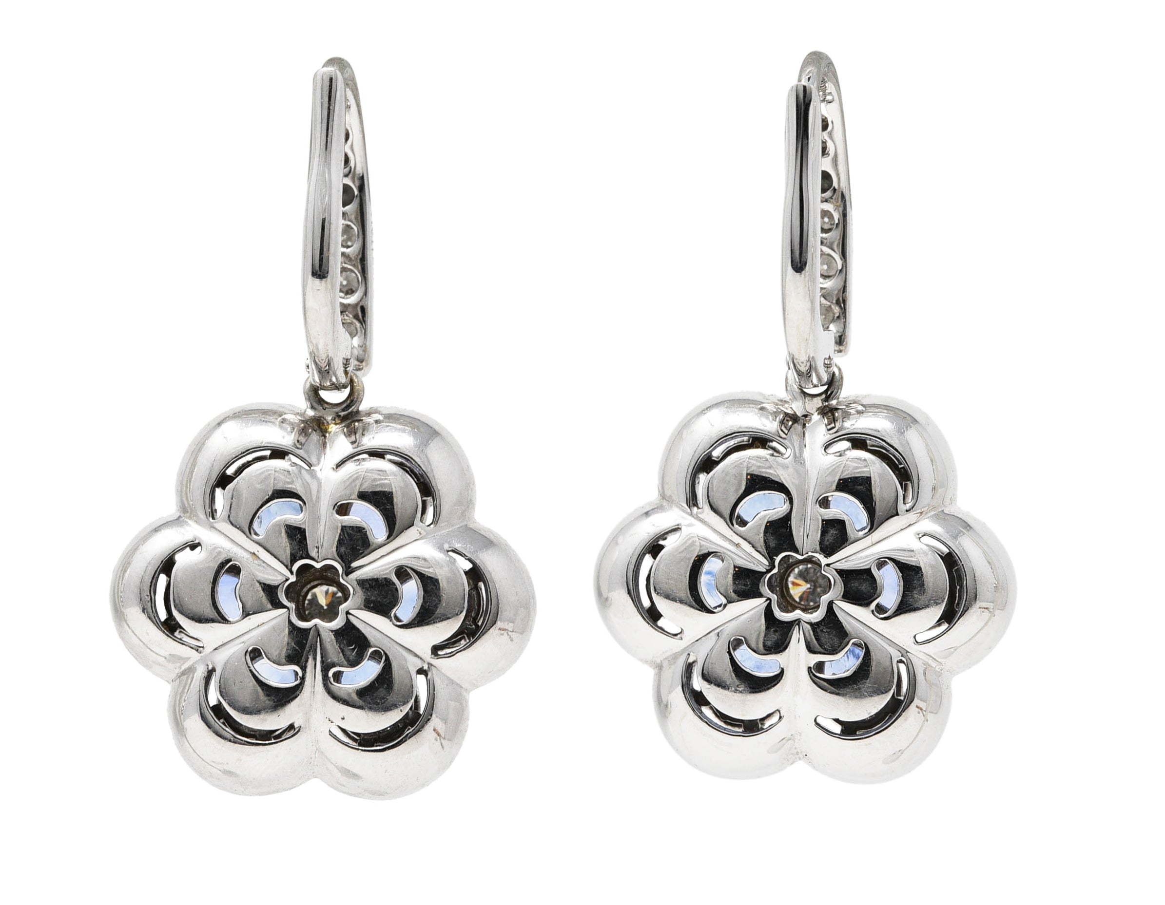 Contemporary 5.74 CTW Sapphire Diamond 18 Karat White Gold Floral Drop Earrings Wilson's Estate Jewelry