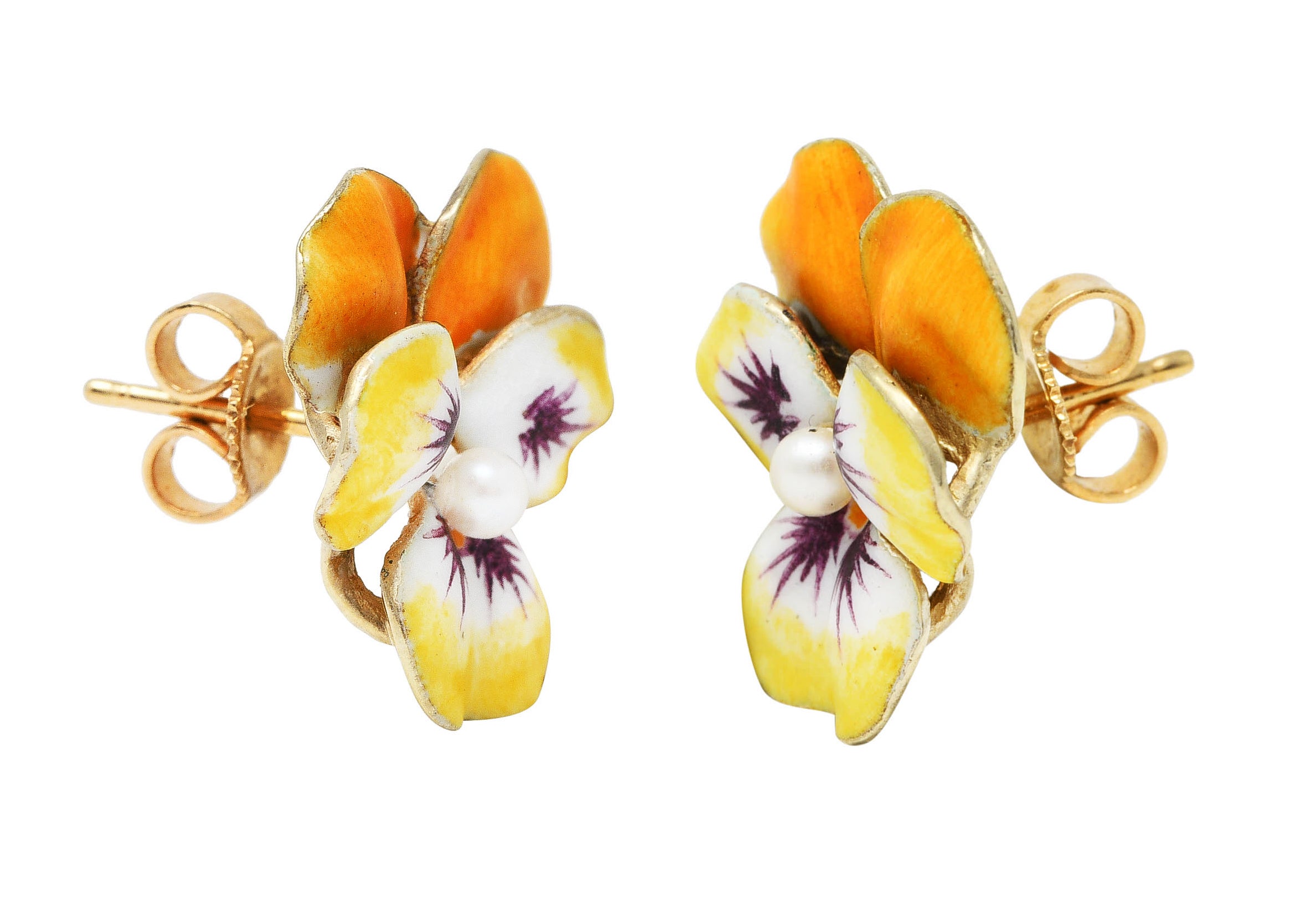 Crane & Theurer Art Nouveau Pearl Enamel 14 Karat Yellow Gold Pansy Flower Antique Earrings Wilson's Estate Jewelry