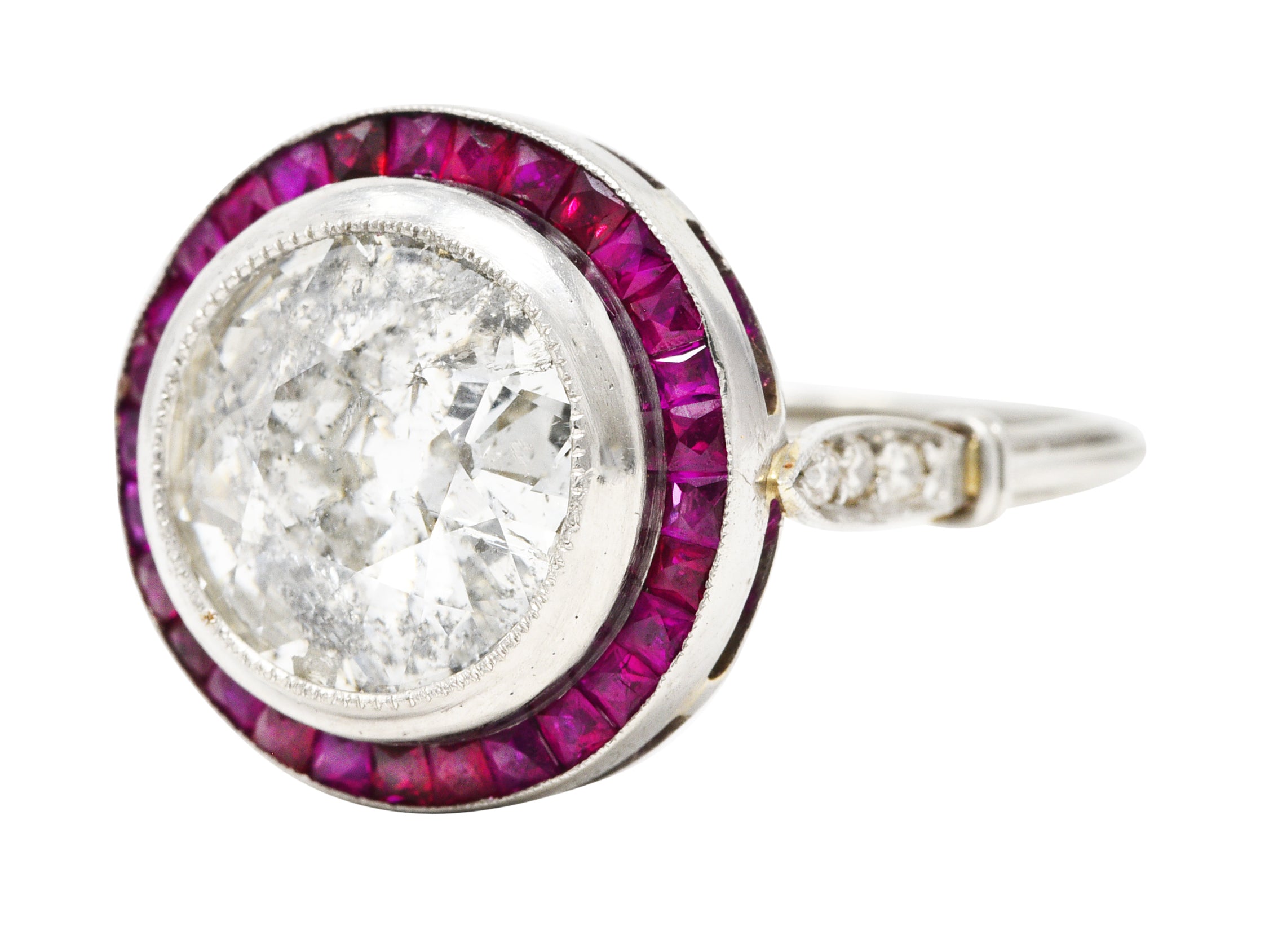 Vintage 4.40 CTW Old European Diamond Ruby Platinum Circular Halo Ring Wilson's Estate Jewelry