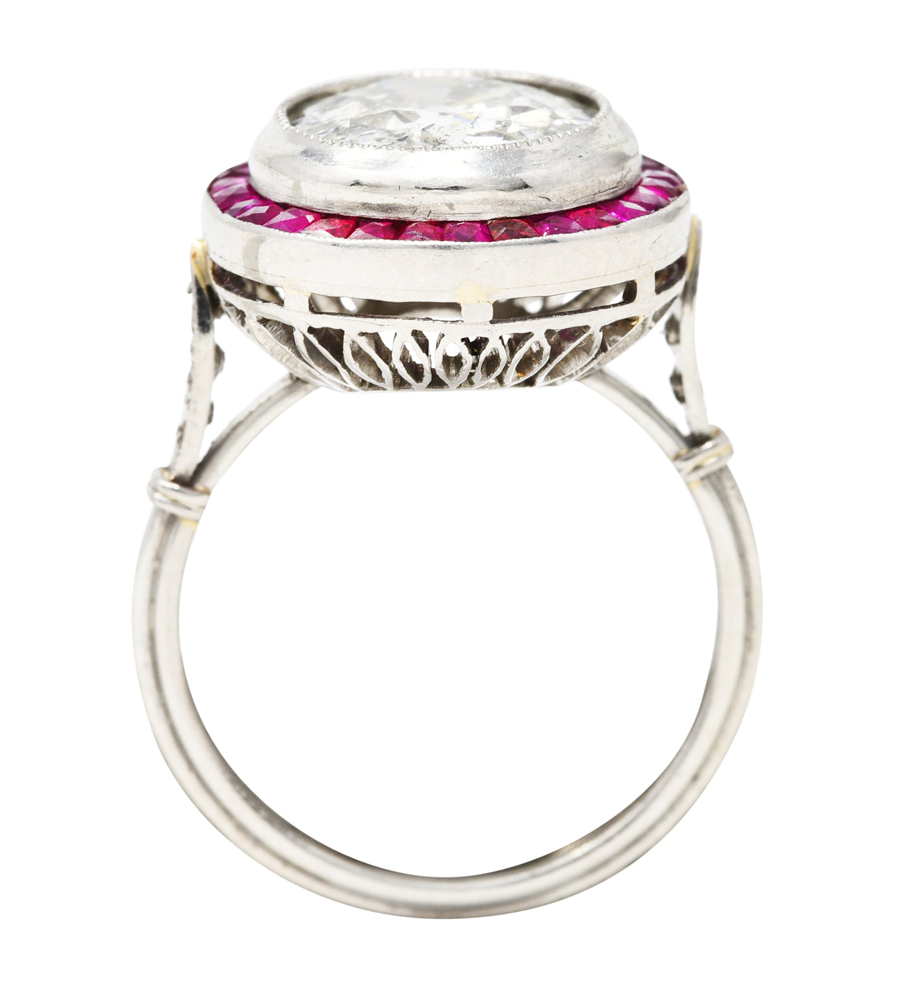 Vintage 4.40 CTW Old European Diamond Ruby Platinum Circular Halo Ring Wilson's Estate Jewelry