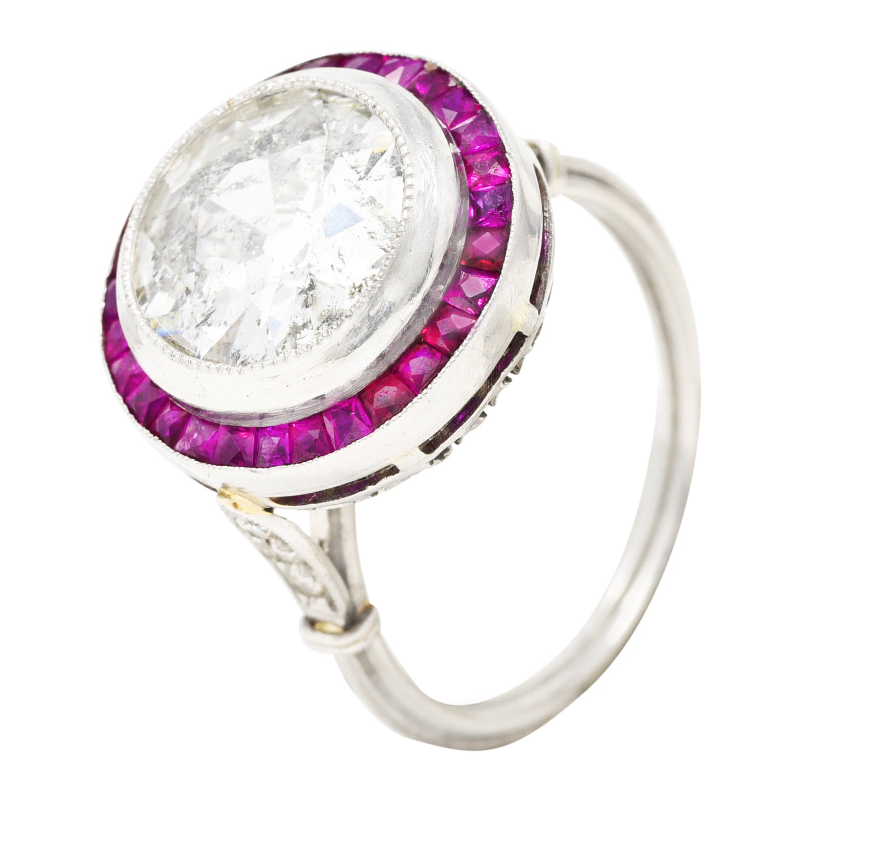Vintage 4.40 CTW Old European Diamond Ruby Platinum Circular Halo Ring Wilson's Estate Jewelry