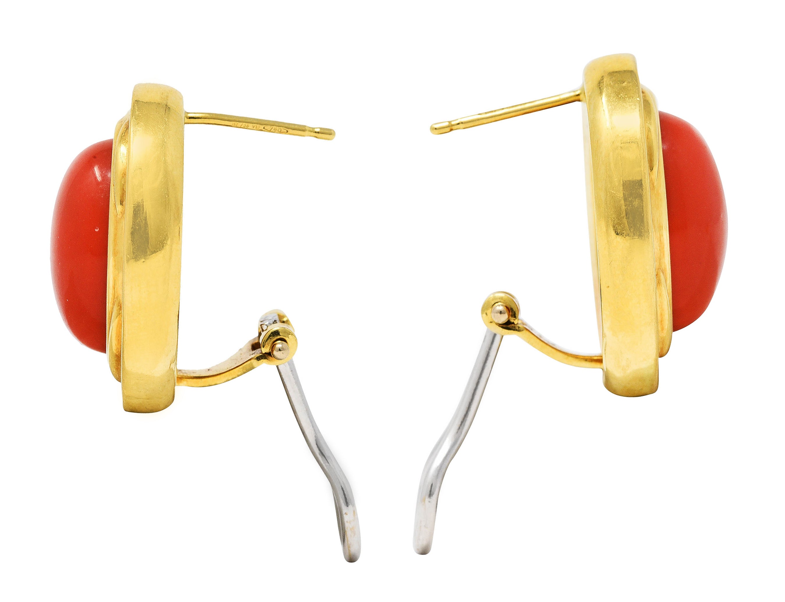 1980's Vintage Italian Red Jasper 18 Karat Yellow Gold Cabochon Earrings Wilson's Antique & Estate Jewelry