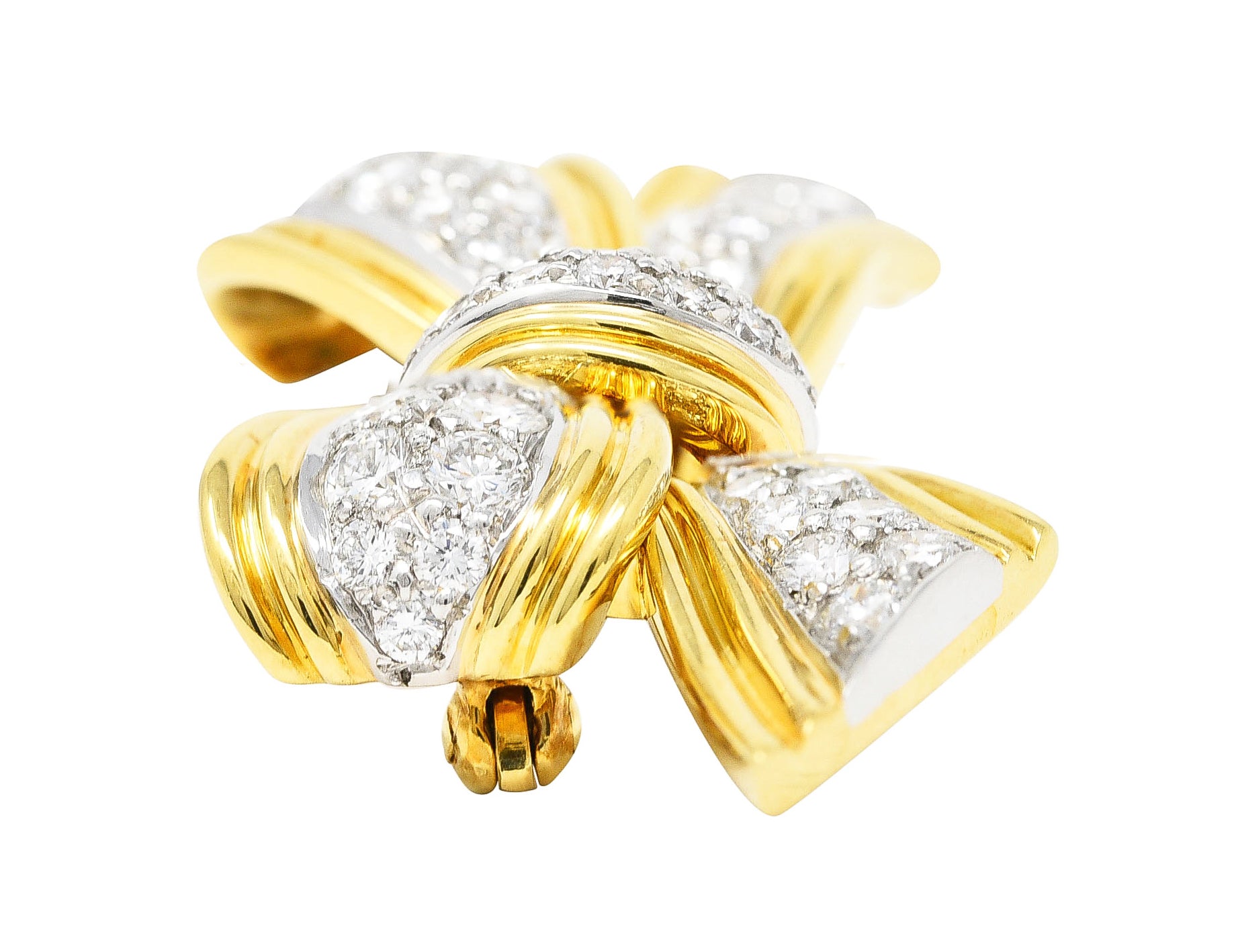 Tiffany 1960's 1.30 CTW Diamond Platinum 18 Karat Yellow Gold Pavé Vintage Bow Brooch Wilson's Estate Jewelry