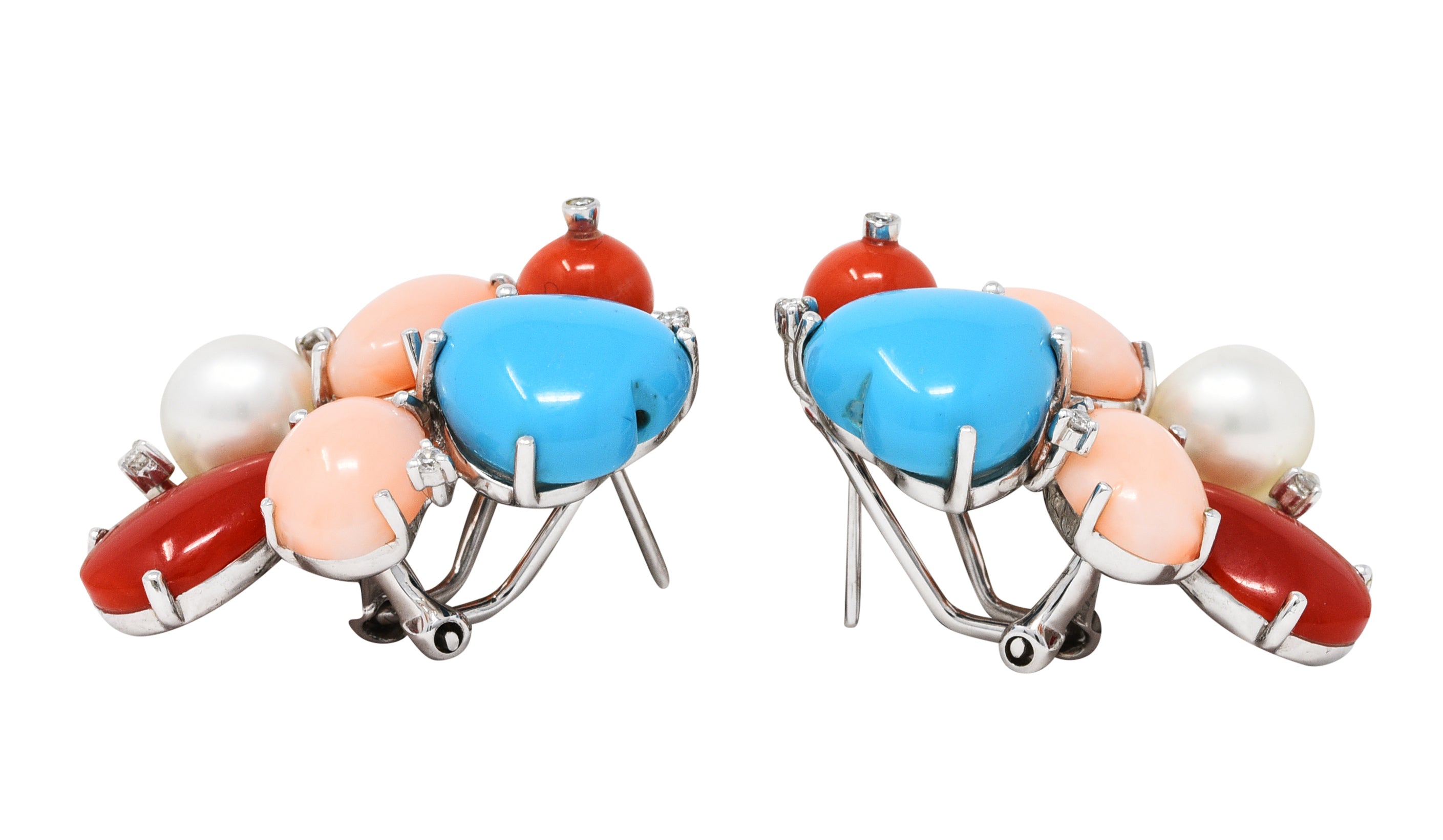 Coral Pearl Diamond Turquoise 18 Karat White Gold Cluster EarringsEarrings - Wilson's Estate Jewelry