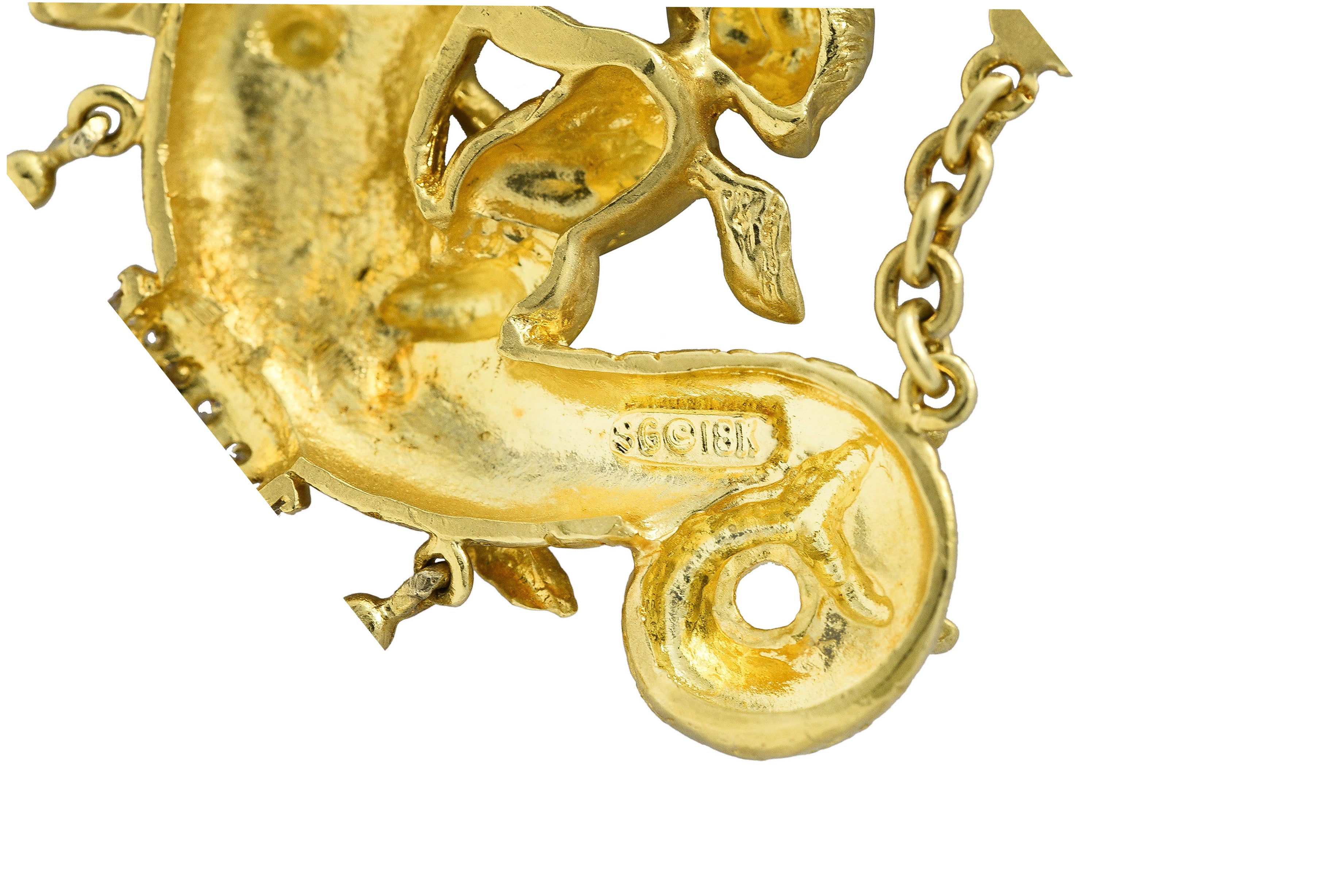 SeidenGang 1980's Diamond Pearl Tourmaline Peridot Aquamarine 18 Karat Yellow Gold Cherub Hippocampus Swagged Vintage Drop Brooch Wilson's Estate Jewelry