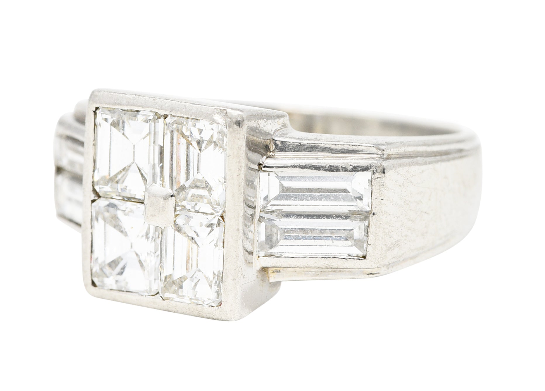 1950's French Mid-Century 3.00 CTW Emerald Cut Diamond Platinum Vintage Mystery Set Ring Wilson's Estate Jewelry