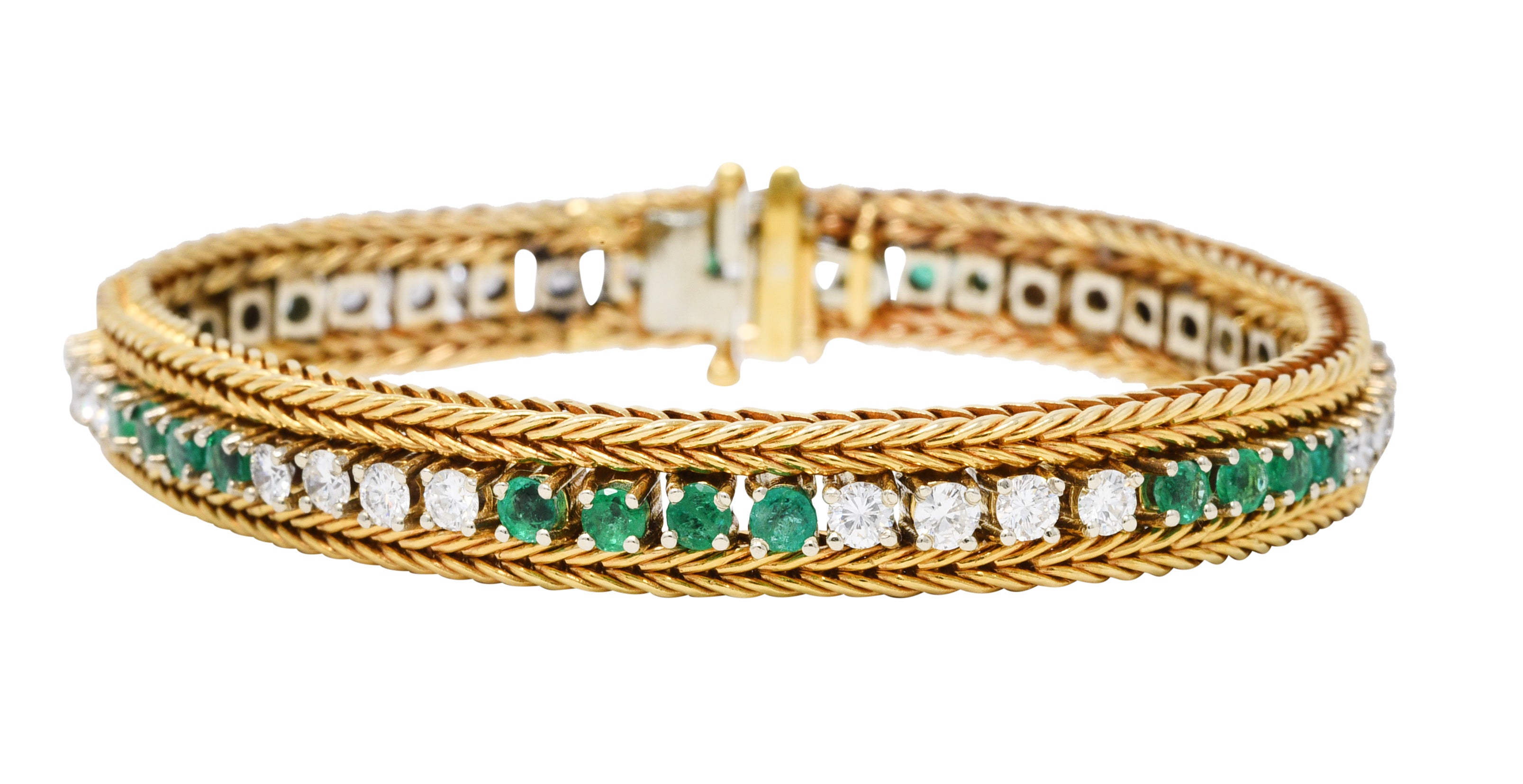 Vintage 3.00 CTW Diamond Emerald 18 Karat Two-Tone Gold Wheat Line Braceletbracelet - Wilson's Estate Jewelry