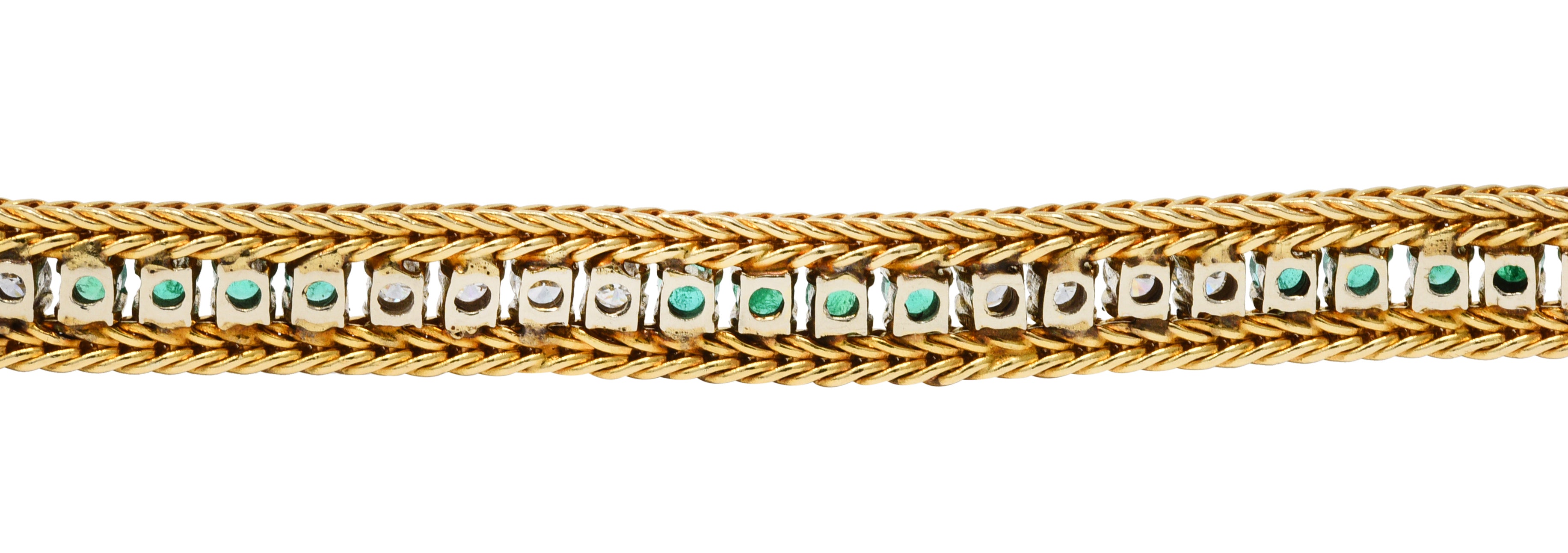 Vintage 3.00 CTW Diamond Emerald 18 Karat Two-Tone Gold Wheat Line Braceletbracelet - Wilson's Estate Jewelry