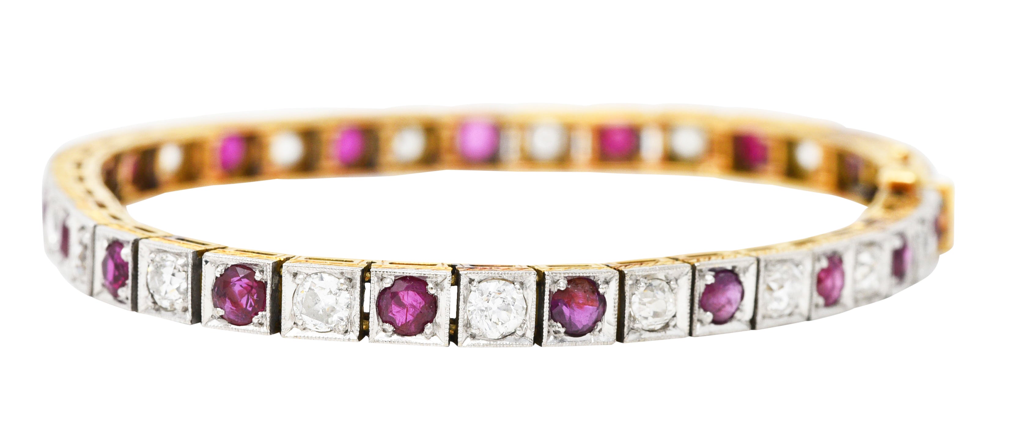 Edwardian 5.32 CTW Ruby Diamond Platinum-Topped 18 Karat Yellow Gold Milgrain Antique Line Bracelet Wilson's Estate Jewelry