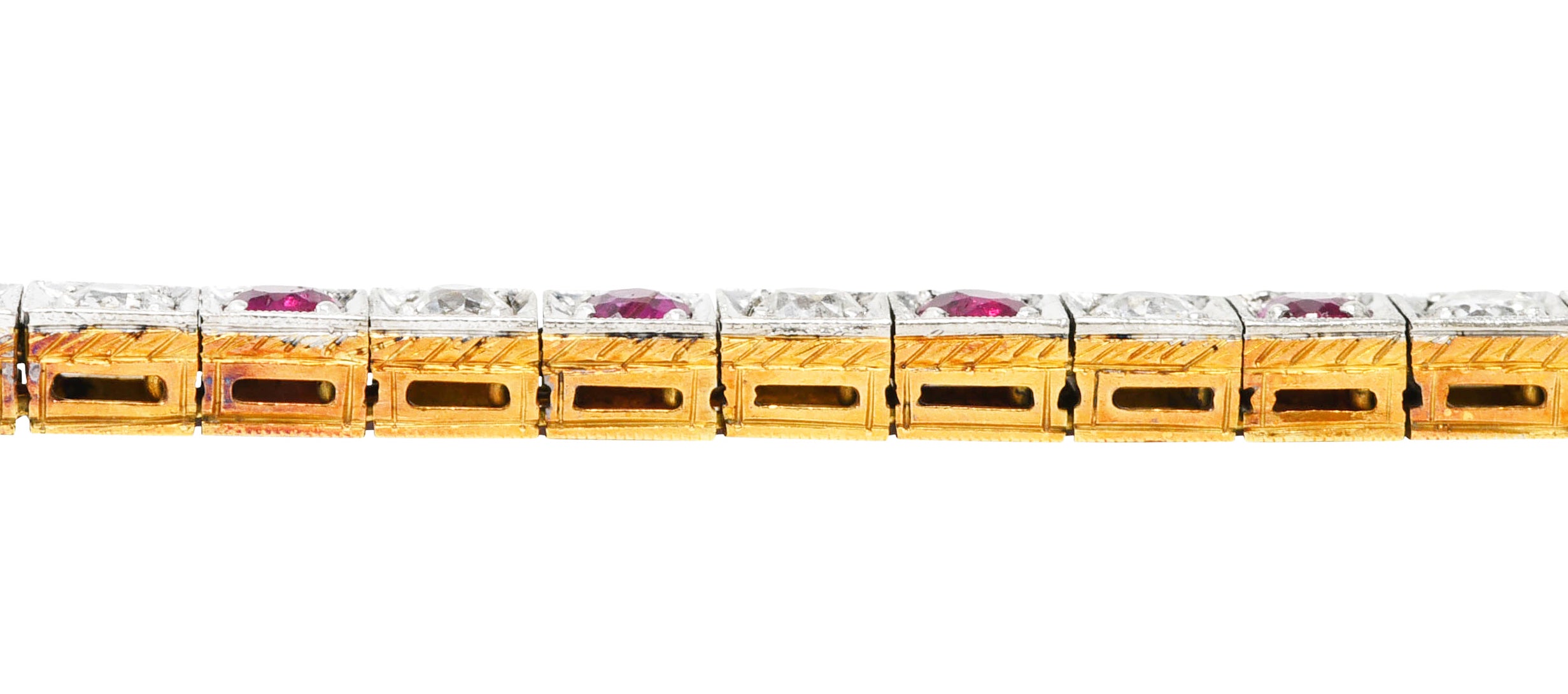 Edwardian 5.32 CTW Ruby Diamond Platinum-Topped 18 Karat Yellow Gold Milgrain Antique Line Bracelet Wilson's Estate Jewelry
