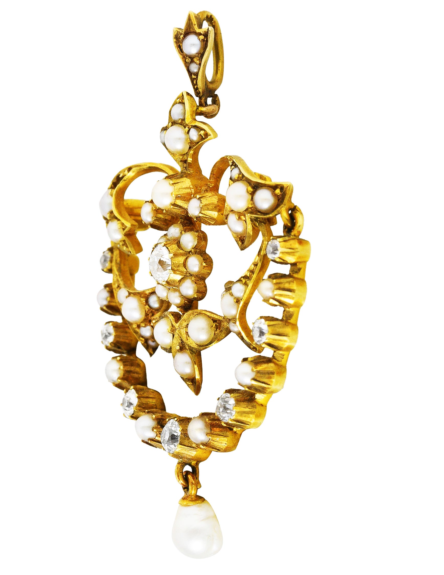 1890's Victorian Pearl Diamond 15 Karat Yellow Gold Floral & Foliate Pendant Wilson's Antique & Estate Jewelry