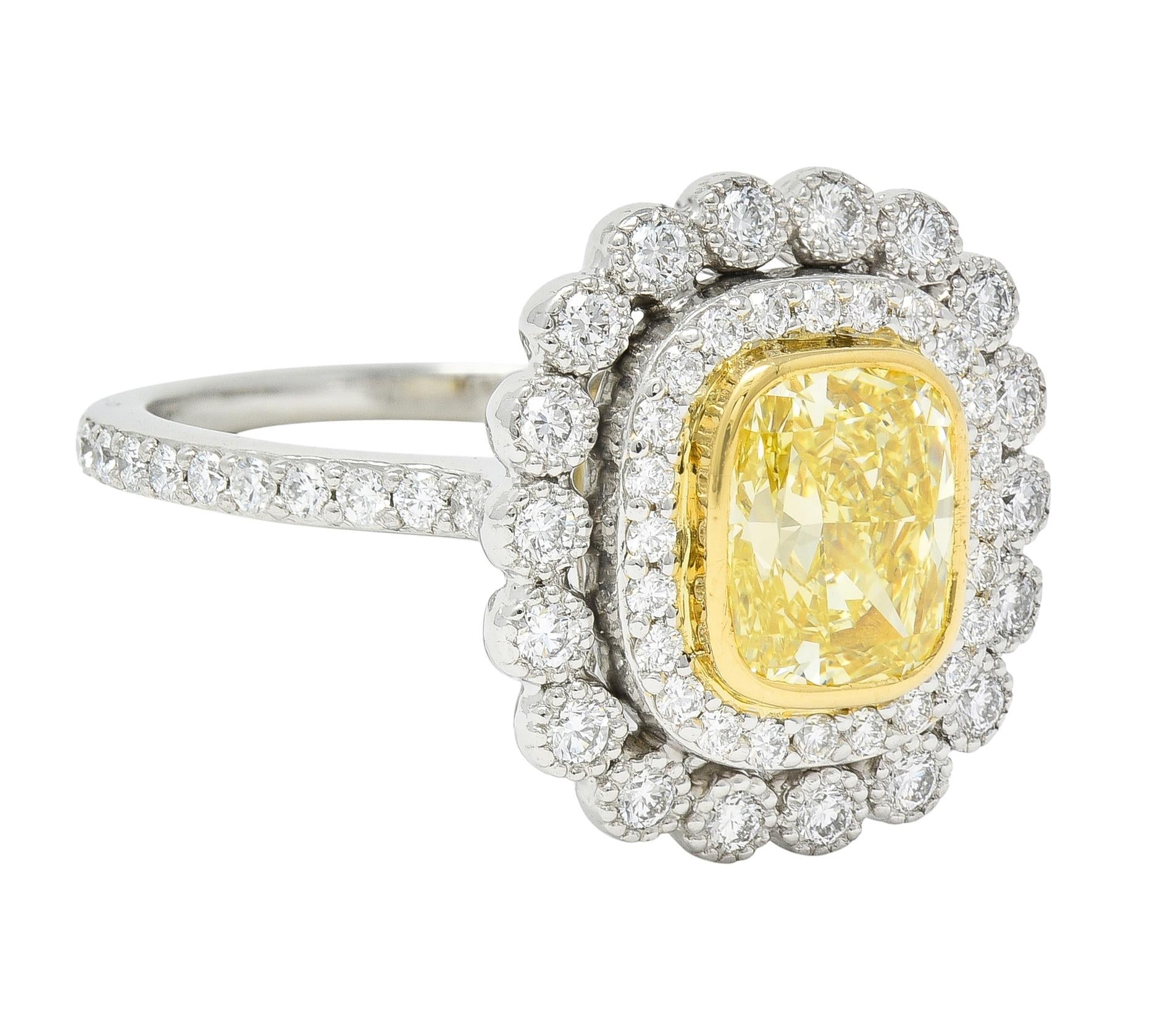 Tiffany & Co. 1.87 CTW Fancy Yellow Diamond Platinum 18 Karat Soleste Halo Ring
