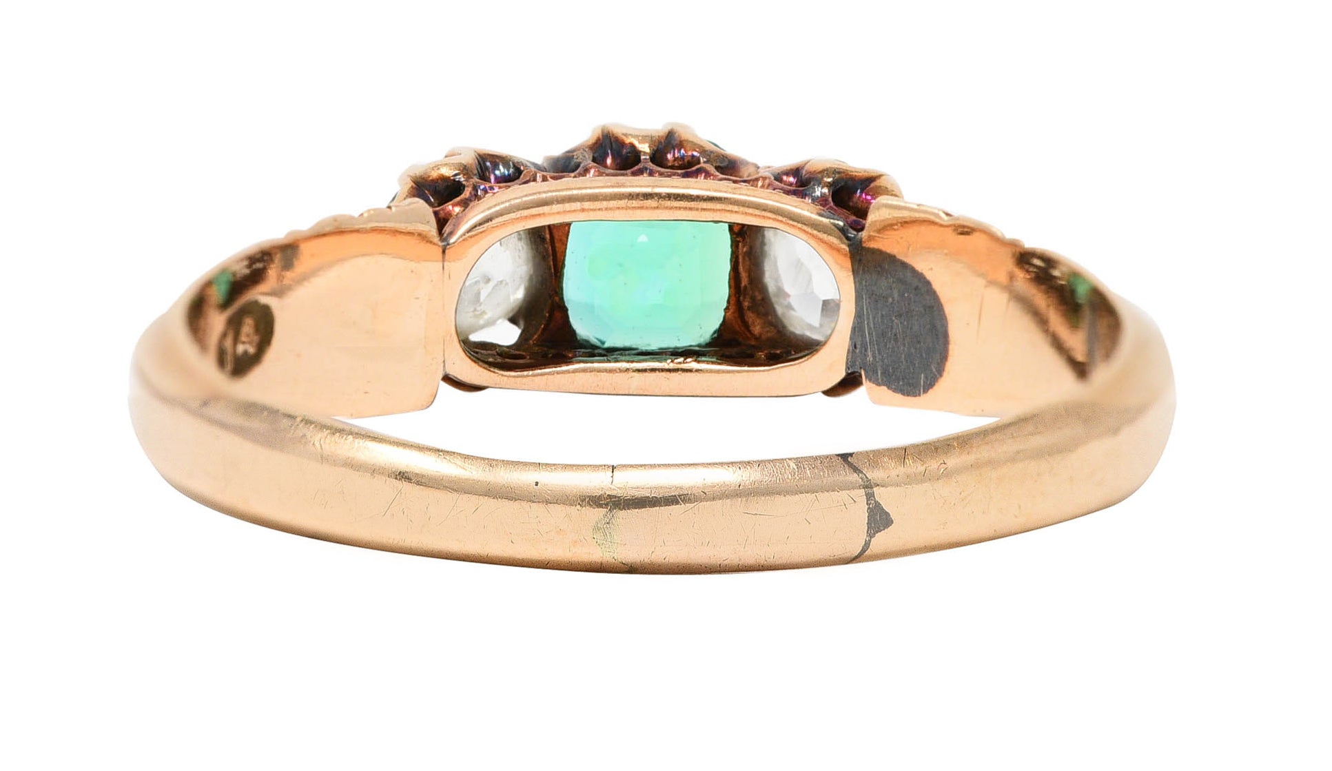 Victorian 1.00 CTW Emerald Old Mine Cut Diamond 14 Karat Yellow Gold Belcher Antique Three Stone Ring Wilson's Estate Jewelry