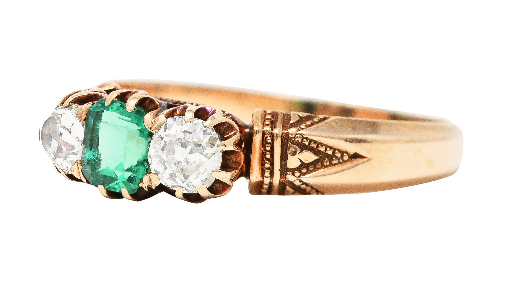 Victorian 1.00 CTW Emerald Old Mine Cut Diamond 14 Karat Yellow Gold Belcher Antique Three Stone Ring Wilson's Estate Jewelry